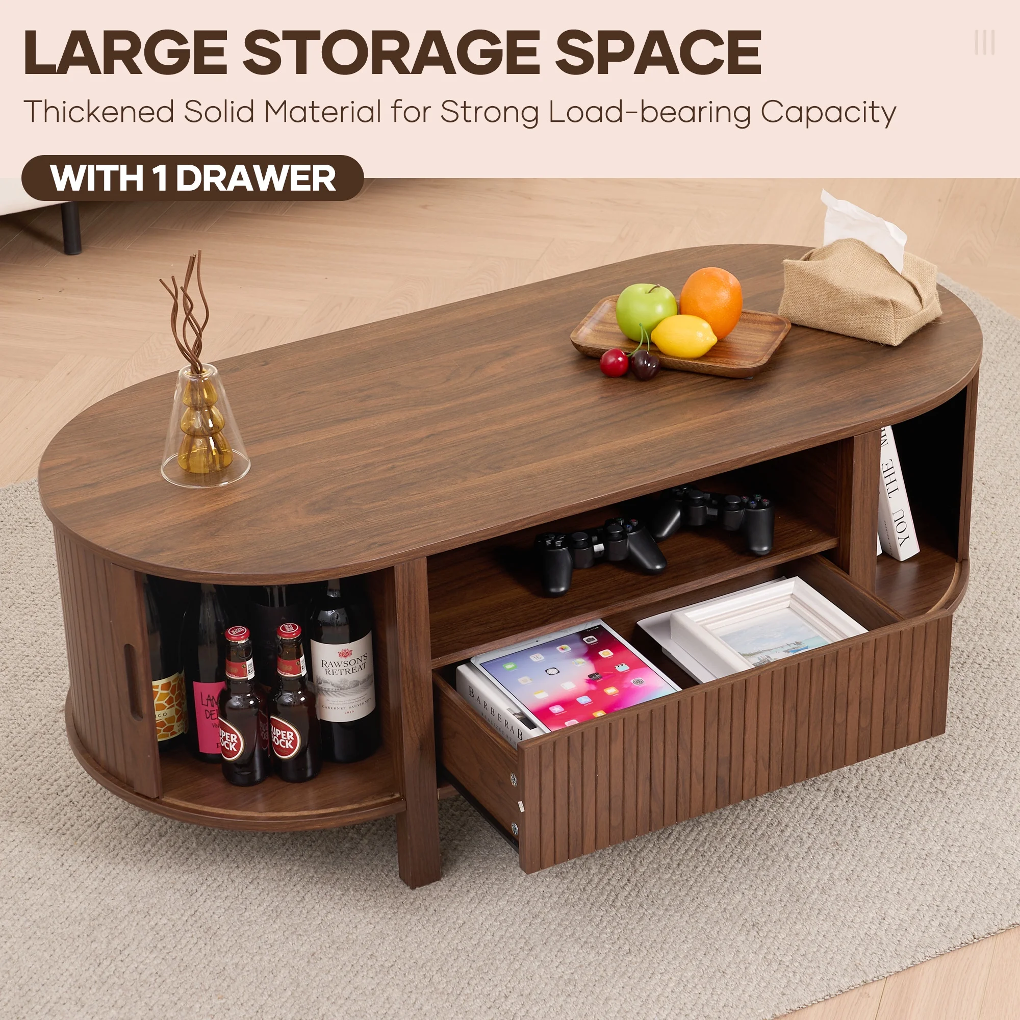Coffee Table with Storage, Tambour Sliding Door, Open Shelf, Mid Century Modern Center Table with Drawer for Living Room, Walnut(Walnut) - Image 7