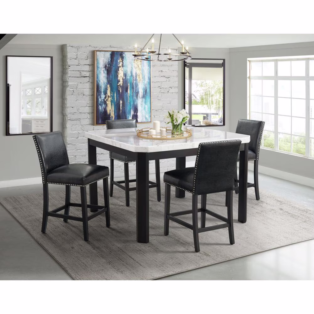 Celine 5PC Counter Dining Set with 4 Black Faux Leather Chairs(Black Faux Leather)