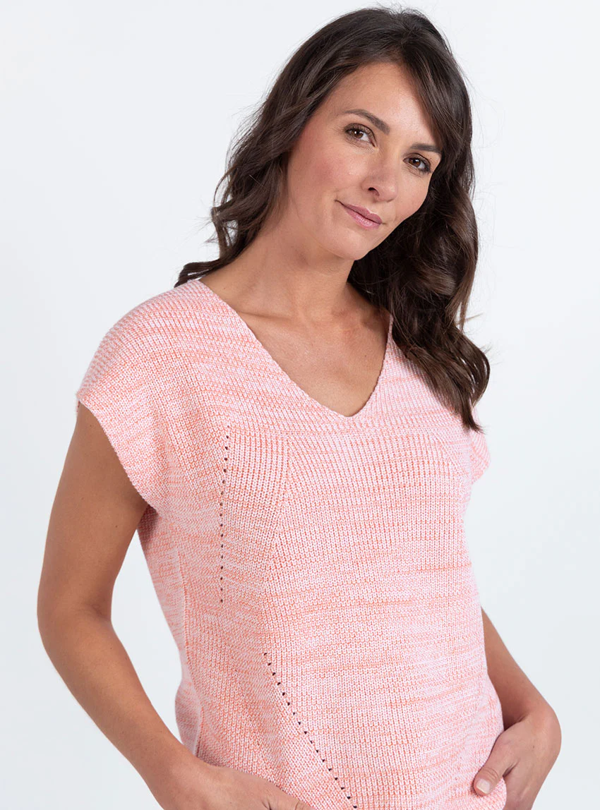 Pull femme sans manches maille perlée orange melon
