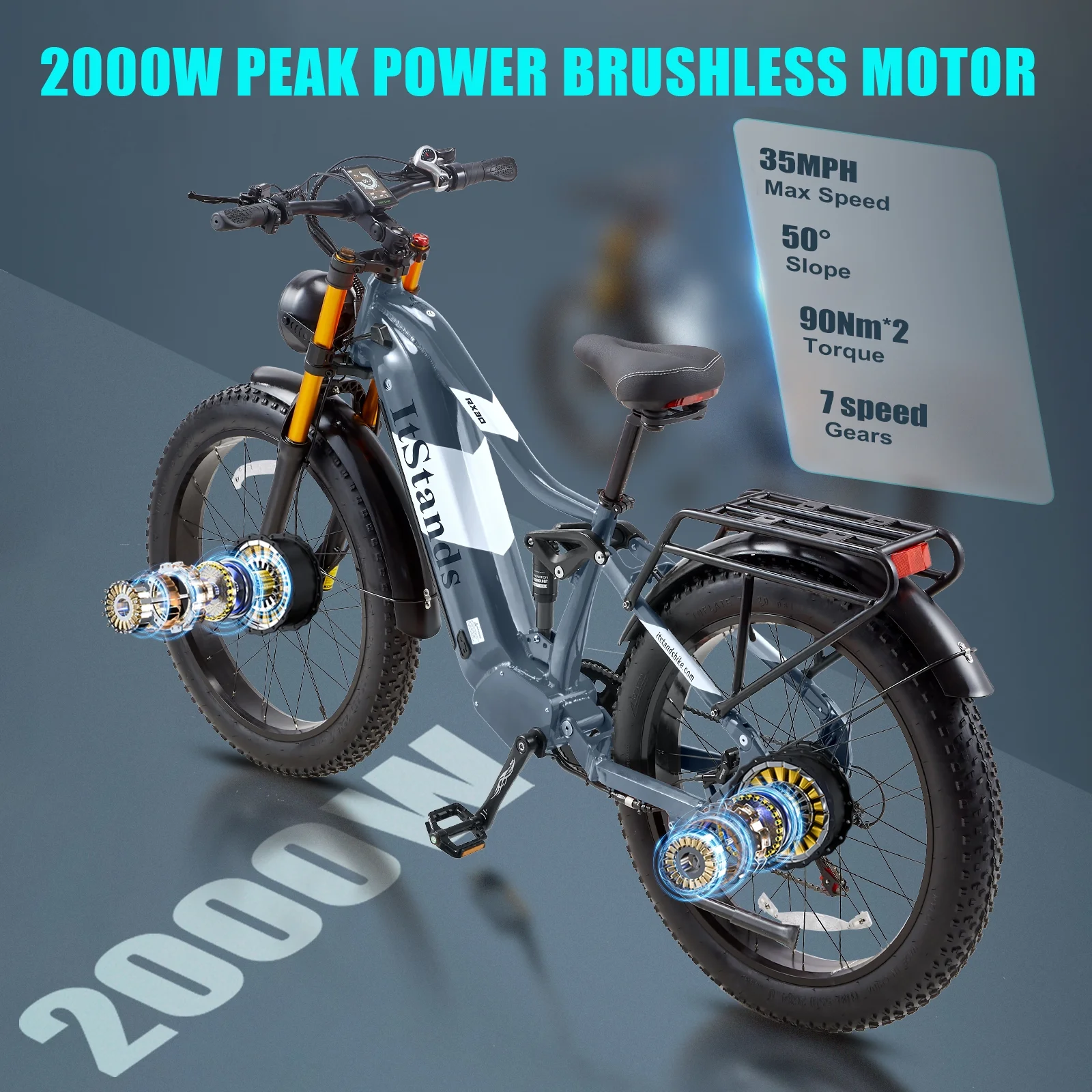 Dual Motors AWD 2000W Electric Bike for Adult 26'' UL2849 48V 30AH E-mountain bike 4.0 Fat Tire up to 35MPH120Miles Long Range Off-road Ebike Dual Hydraulic Disc BrakesFul Suspension Electric Bicyc(RX30-GRAY) - Image 7