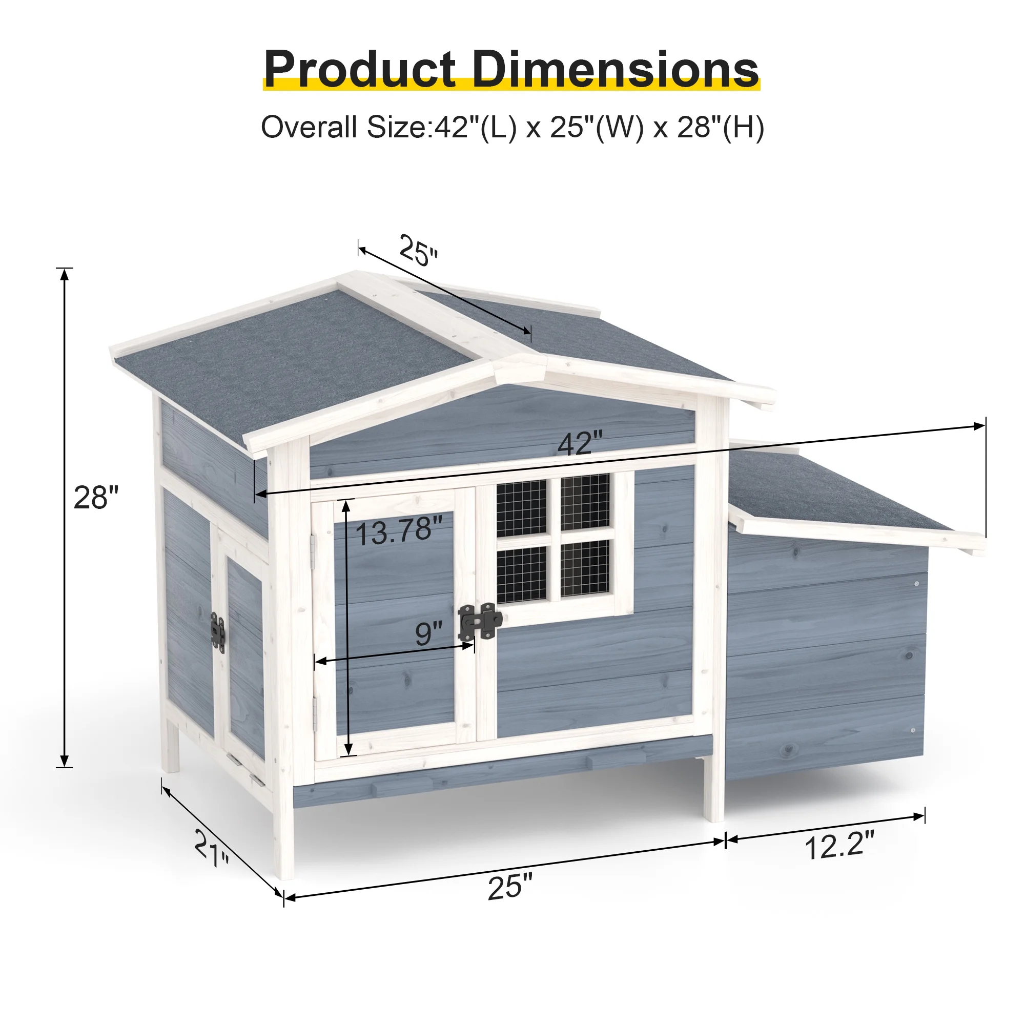 Outdoor Chicken Coop Rabbit Hutch Wooden Hen House w/ Nesting Box Tray Poultry Cage for Outdoor Indoor(Gray) - Image 8