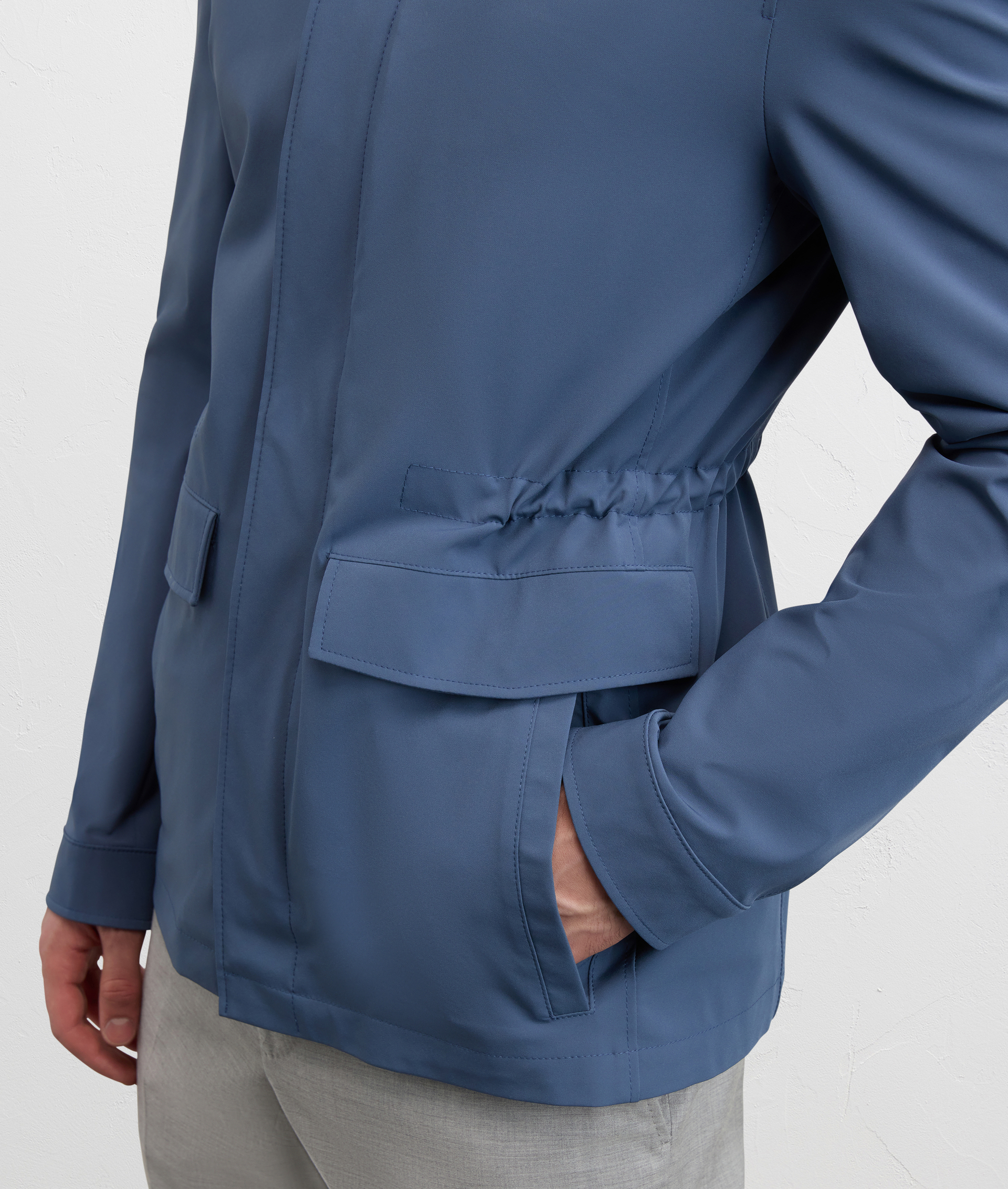 LIGHT BLUE STRETCH AND WATER REPELLENT ACTIVE FABRIC MULTI POCKET BOMBER JACKET