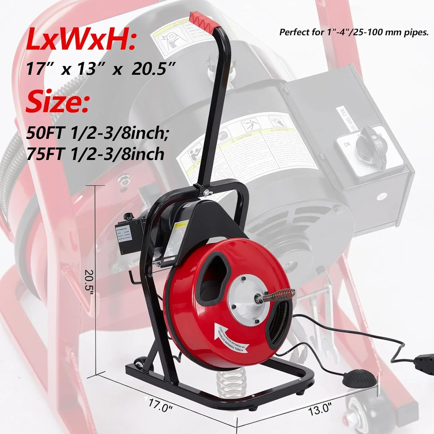 Electric Drain Cleaner Machine, Drain Auger 50ft X 1/2 in for Sewer Clean, Electric Drain Snake for 1 to 4 in Pipes, Drain Sewer Auger with Foot Switch, Protective Gloves, 4 Cutter Blades
