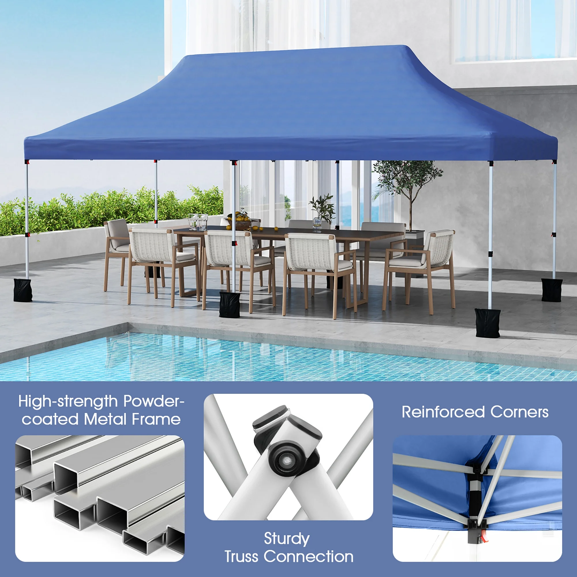 Gymax 10 x 20FT Pop-up Canopy Tent Folding Instant Sun Shelter w/ 3 Adjustable Heights Blue(Blue)
