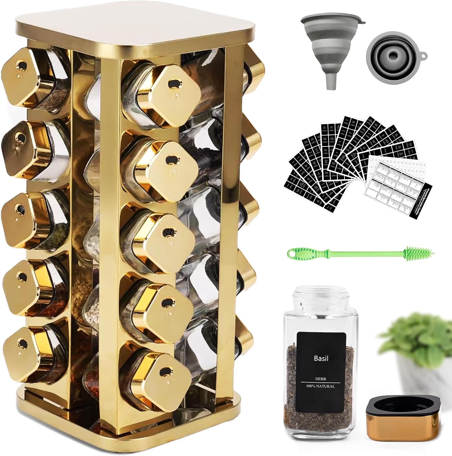 Kitchen stainless steel spice rack with 20 food-grade glass cans-275 spice labels-rotating vertical bracket and countertop seasoning rack cabinet tower storage rack (golden, 20)