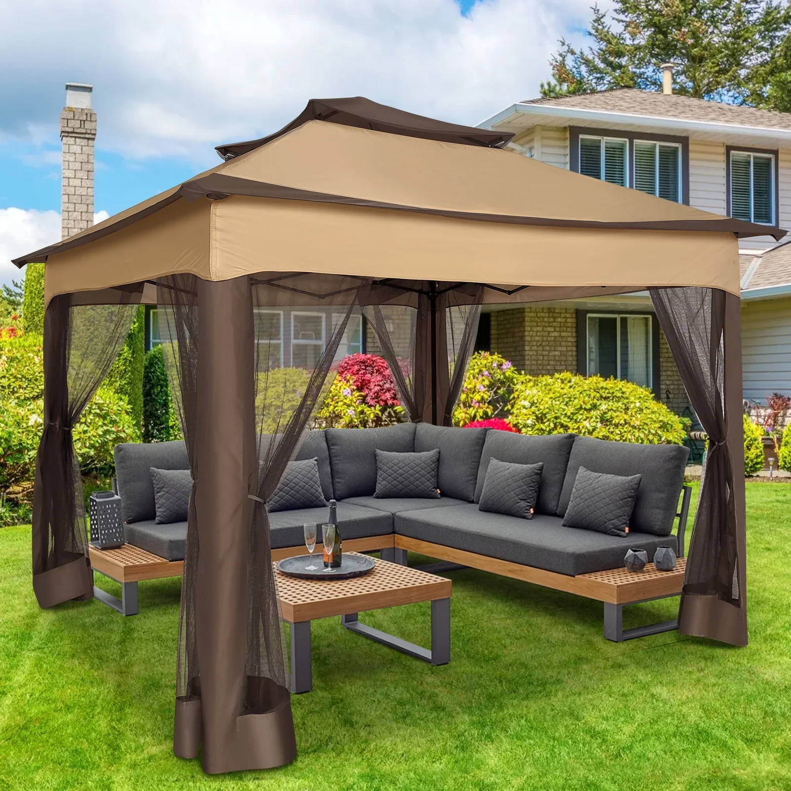 SANOPY 11 x 11 ft Outdoor Patio Gazebo with Ventilated Double Roof and Mosquito Net, Pop up Steel Canopy for Patios, Backyard, Garden and Beach