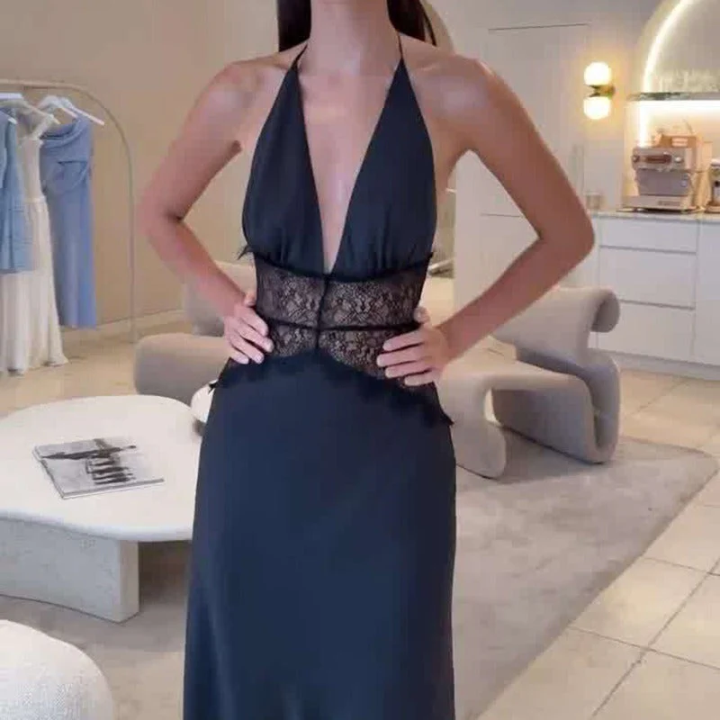 Robe Maxi Dos Nu à Panneaux en Dentelle et Col Halter