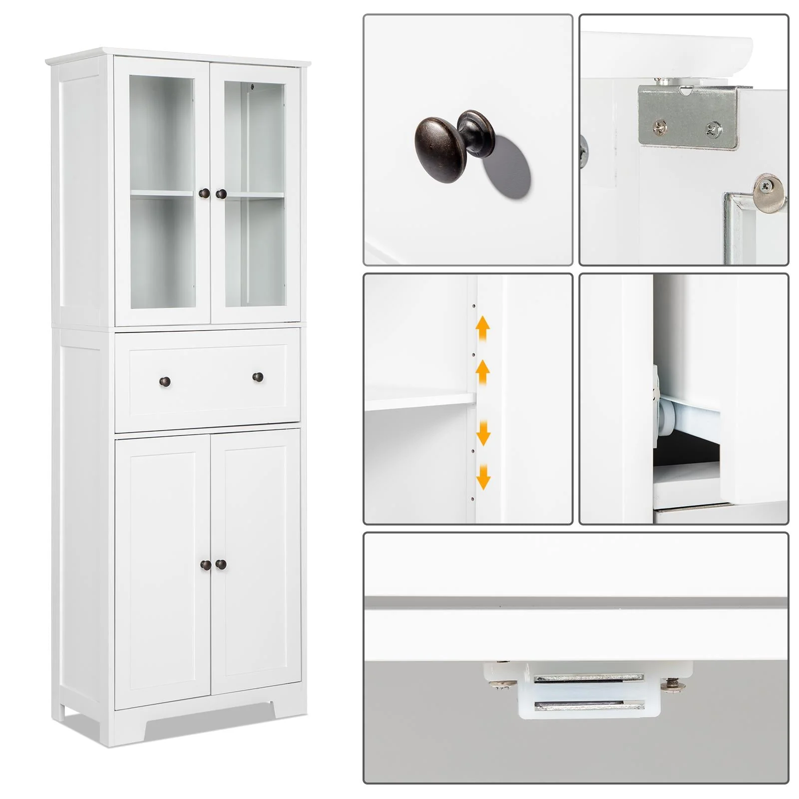 Ktaxon 64" Tall Bathroom Storage Cabinet Organizer, Freestanding Kitchen Pantry Cabinet Line Tower with 2 Glass Doors, Large Drawer 4 Adjustable Shelves for Dining Room Living Room Home Office,White Image 9