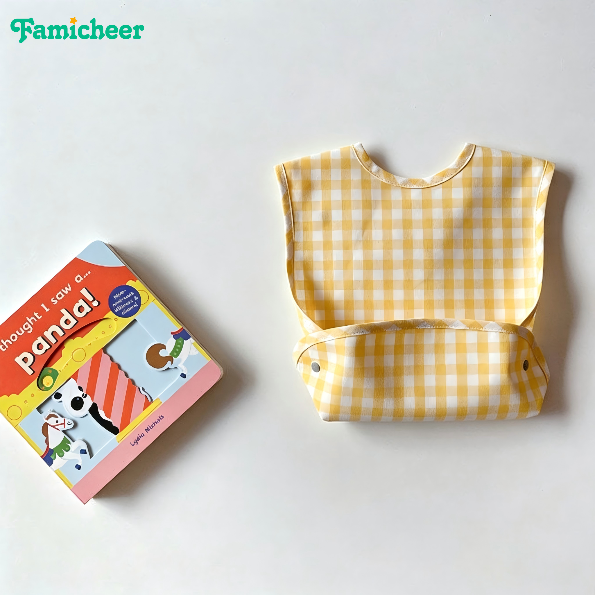 Waterproof Coated Fabric Infant Bib Gingham Plaid Sleeveless Design Detachable Crumb Catcher Baby Bib for Baby Self Feeding Time