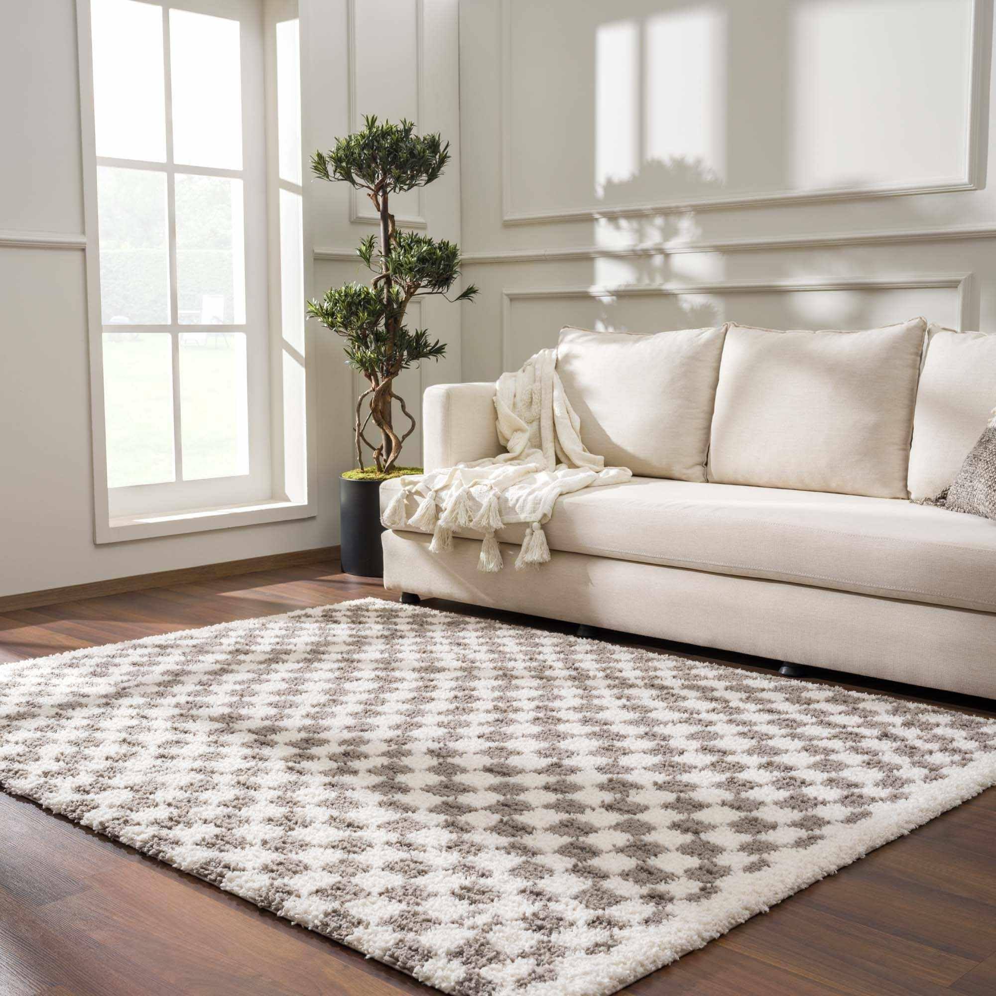 Hauteloom Kieu Checkered Shag Bedroom Living Room Area Rug - High Pile - Shaggy Plush Modern Soft Carpet - Gray, Light Grey, White - 5'3