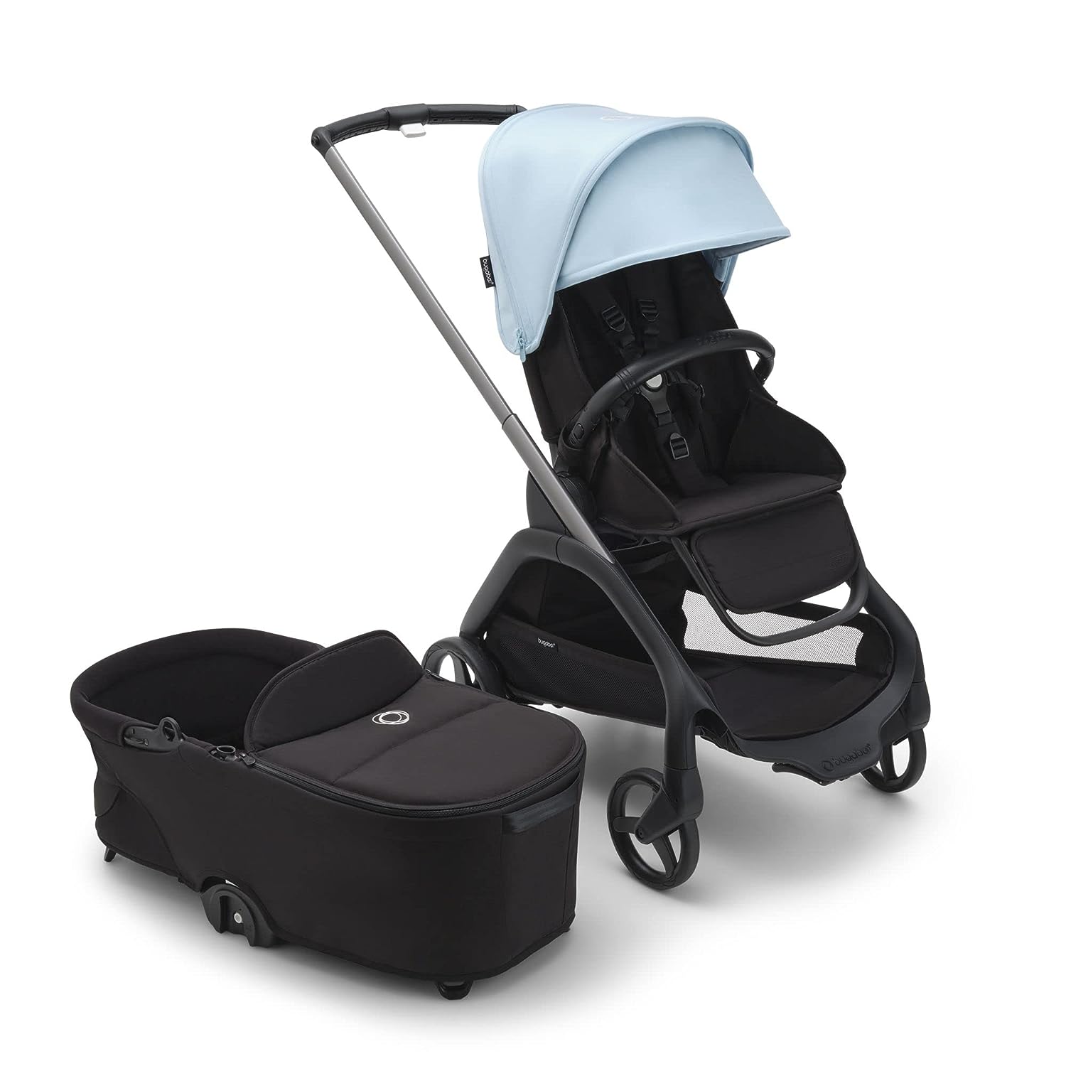 Poussette Bugaboo Dragonfly City avec nacelle bébé et siège enfant, pliage facile d'une seule main dans toutes les positions, suspension intégrale, grand panier, châssis graphite et capote bleu ciel