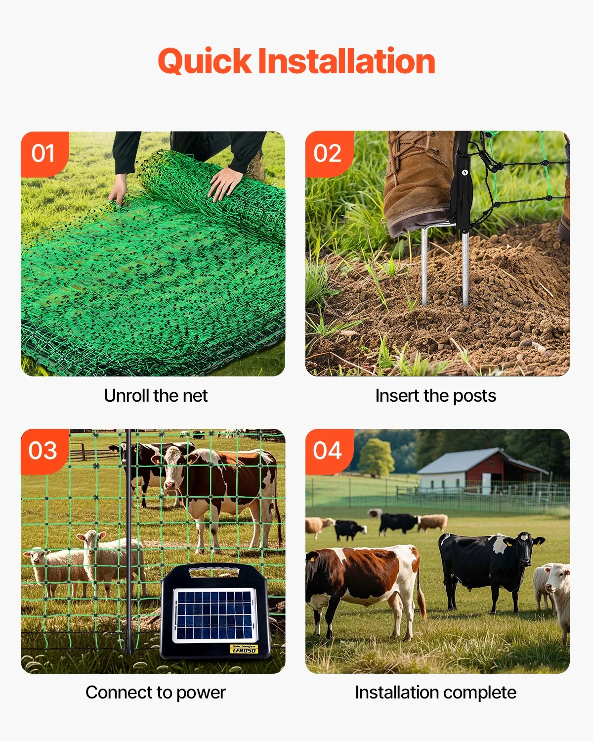 KFFKFF Powered Mesh Barrier, 35 Height x 164' Length, PE Grid Barrier with Poles & Twin-Pronged Pegs, Handy Movable Netting for Goats, Sheep, Lambs, Deer, Hogs, Dogs, Suitable for Home Gardens, Farm