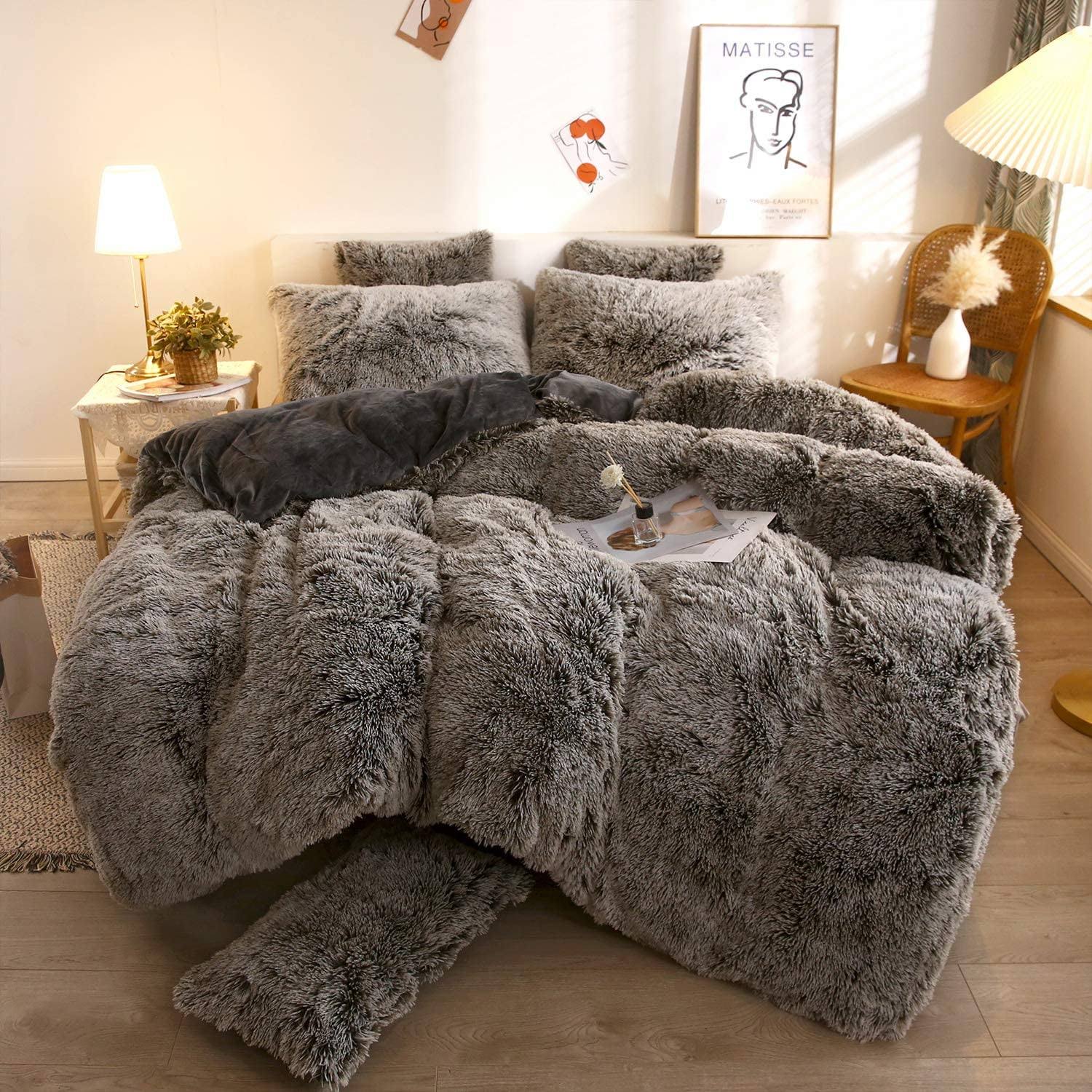 XeGe 3 Pieces Fluffy Plush Duvet Cover Set, Luxury Shaggy Comforter Cover with 2 Pillow Covers, Ultra Soft Faux Fur Bedding Set Velvet, Zipper Closure