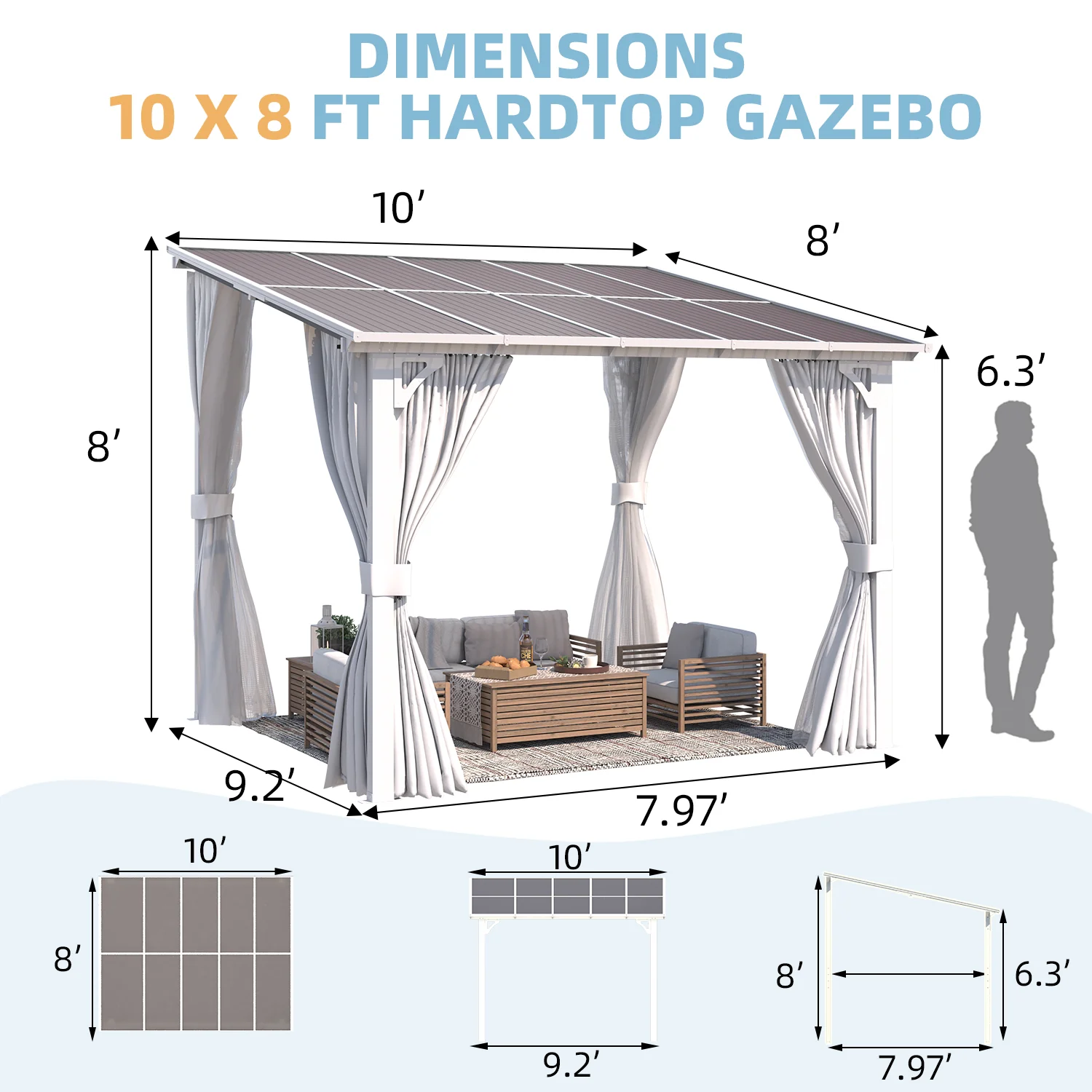 AECOJOY 10'x8' Wall Gazebo with Curtains and Mosquito Netting, White