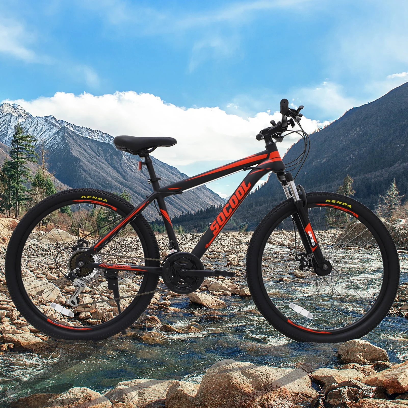 Feildoo Adult Mountain Bike, 26 - Inch Wheels, 21 Speed, Steel Frame, Dual Disc Brake City Road Bicycle, Black and Red