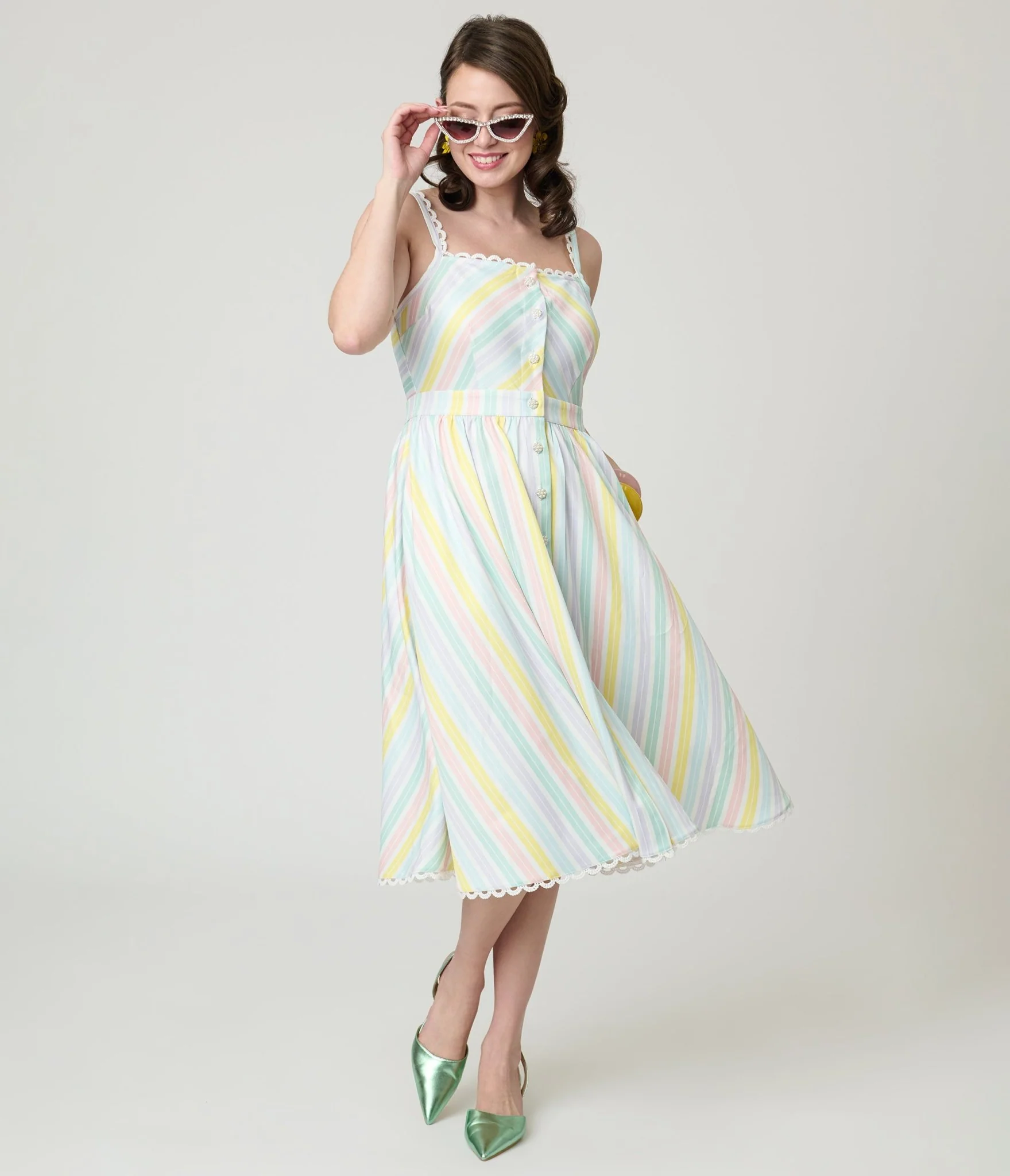Unique Vintage Pastel Stripe Piper Swing Dress