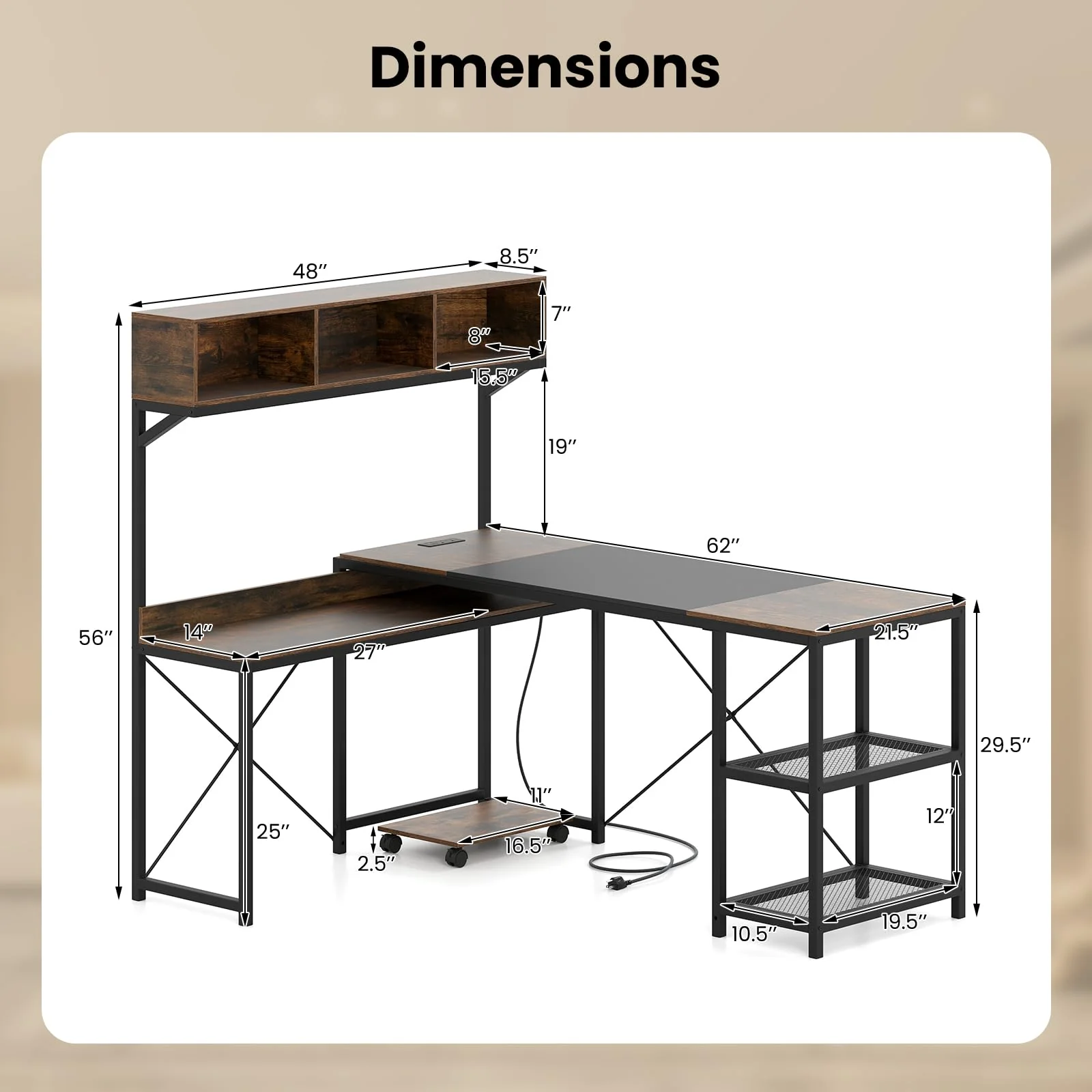 Tangkula L-Shaped Computer Desk with Power Outlets