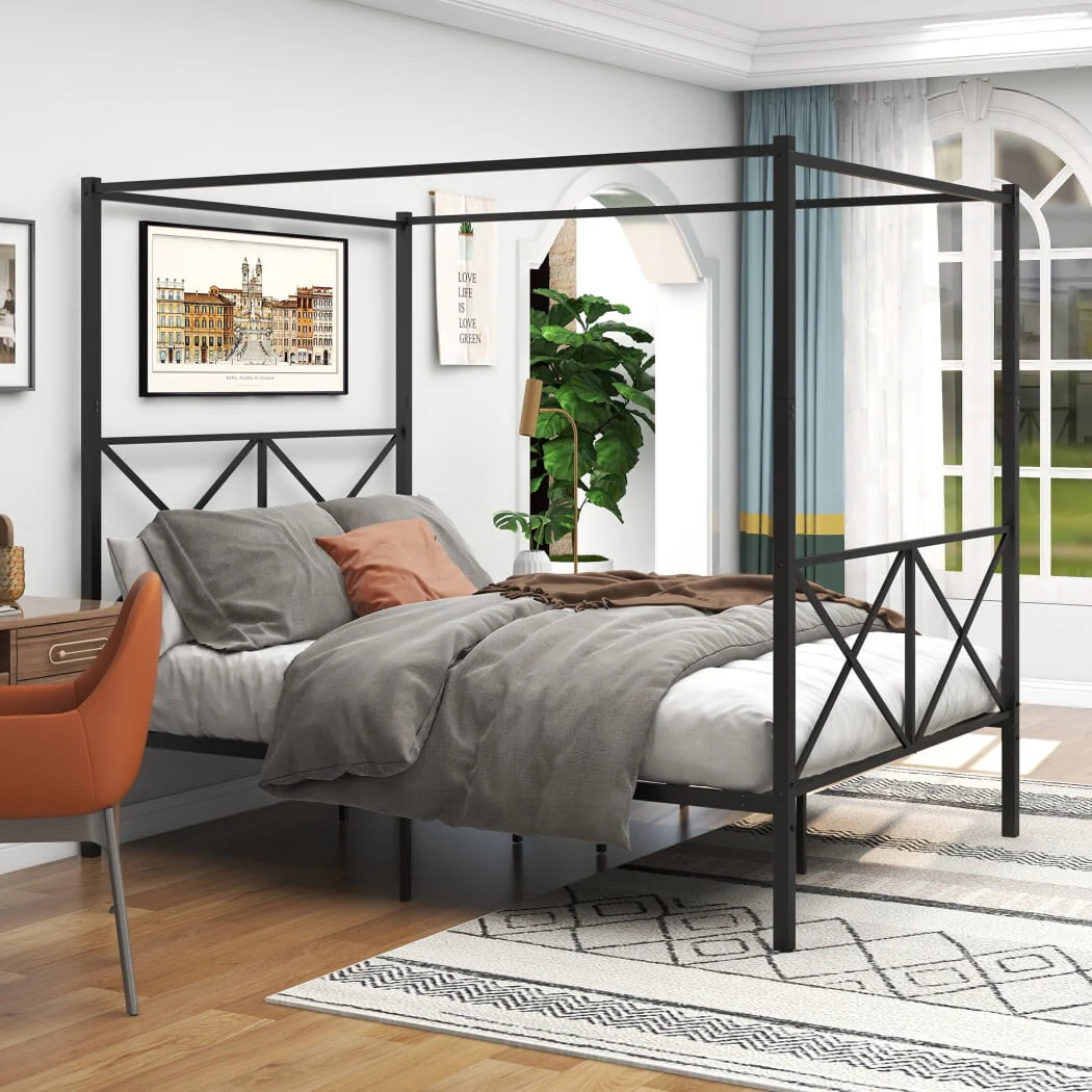 Queen Size Metal Canopy Bed Frame, Four Poster Platform Bed Frame with X Shaped Headboard and Footboard,Bed Mattress Foundation with Sturdy Metal Slat Support Image 4