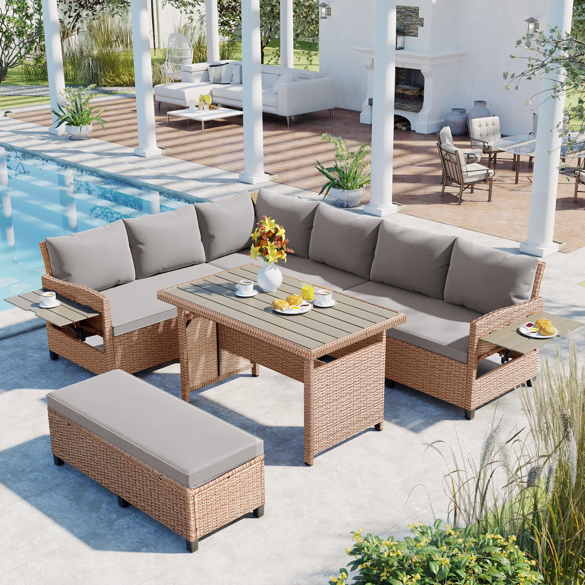 Outdoor Rattan Sectional Sofa Set with Dining Table, Patio L-Shaped Wicker Conversation Set with 2 Extendable Side Tables, Brown(Brown)