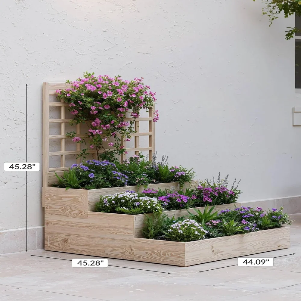 Large Raised Garden Bed with Trellis,3 Tier Standing Planter Box with  Open-Base,Outdoor Elevated Garden Trellis for Vine Climbing, Flower Vegetable Fruit Herb Growing