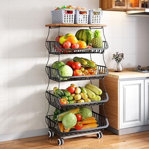 Fruit Vegetable Storage Basket,5 Tier Stackable Metal Wire Basket With Wheels, Fruit And Vegetable Produce Storage Basket Organizer Bins For
