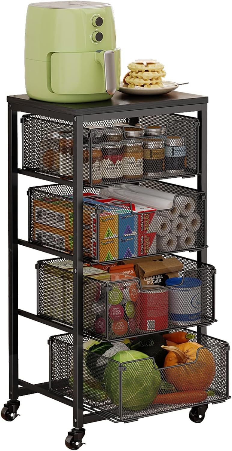 4-Tier Fruit Vegetable Storage Cart - Kitchen Organizer and Storage Cart with Wheels, Wooden Top Metal Wire Fruit Vegetable Rack Stand with Drawers for Storing Cans and Snacks for Kitchen (Patent Pending)