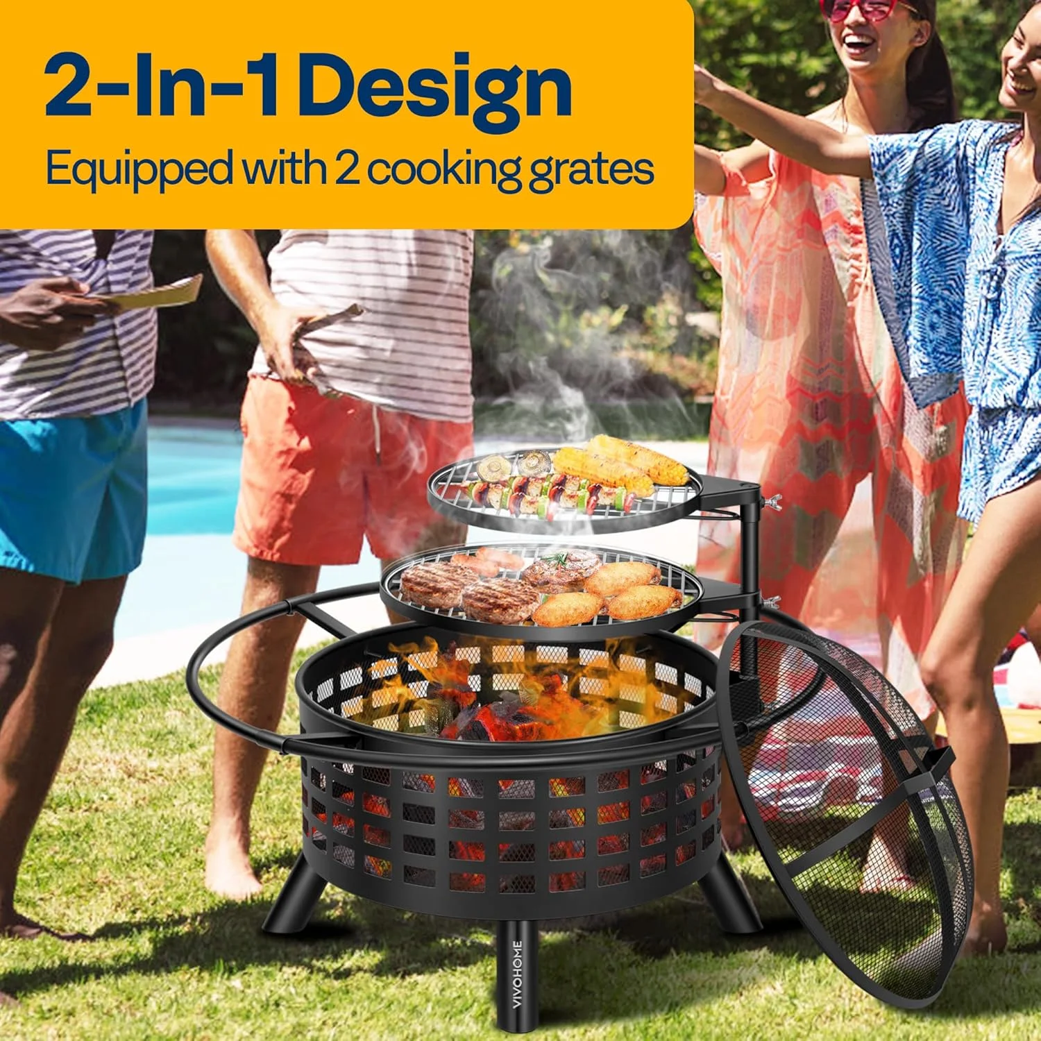 3-in-1 Fire Pit��35 in Wood Burning Firepits with Cooking Grill Grate Charcoal Pan Cover Lid, Metal Table for Backyard Bonfire BBQ Outdoor Camping Picnic(Single-Grill) - Image 9