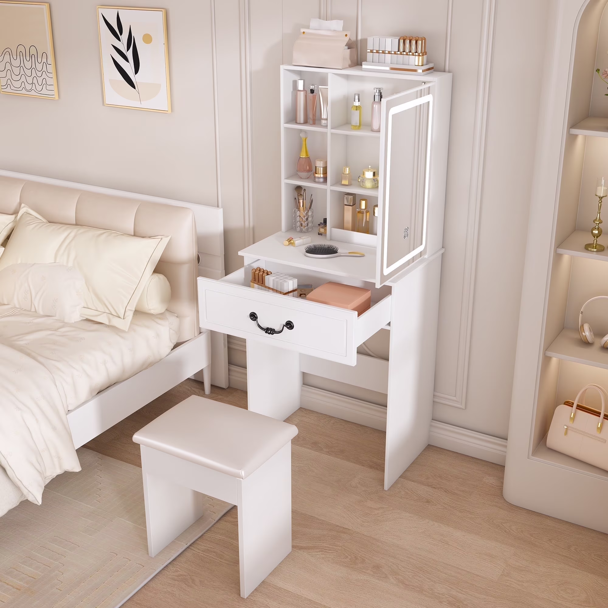 Modern Mini Vanity w/Adjustable LED Mirror + Hidden Storage, Padded Stool Dustproof Shelves (White)(White-S7)