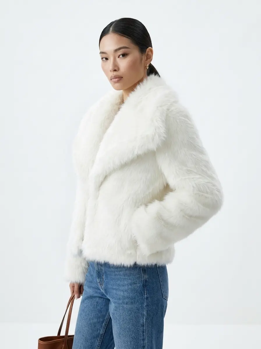 Woman wearing a white faux fur jacket in a three-quarter view