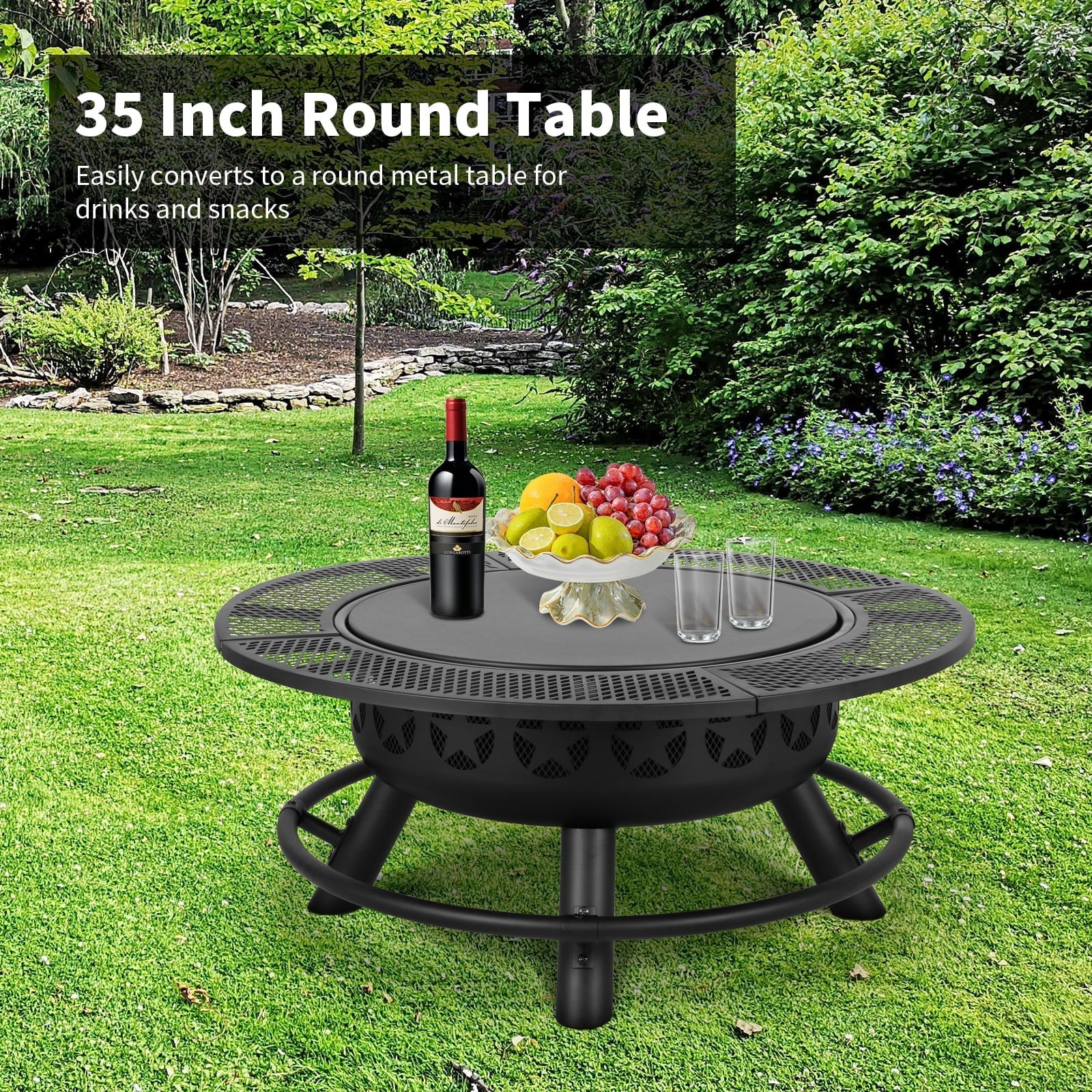 Hykolity 35 in Fire Pit with Cooking Grate & Charcoal Pan, Outdoor Wood Burning BBQ Grill Firepit Bowl with Cover Lid, Steel Round Table for Backyard Bonfire Patio Picnic