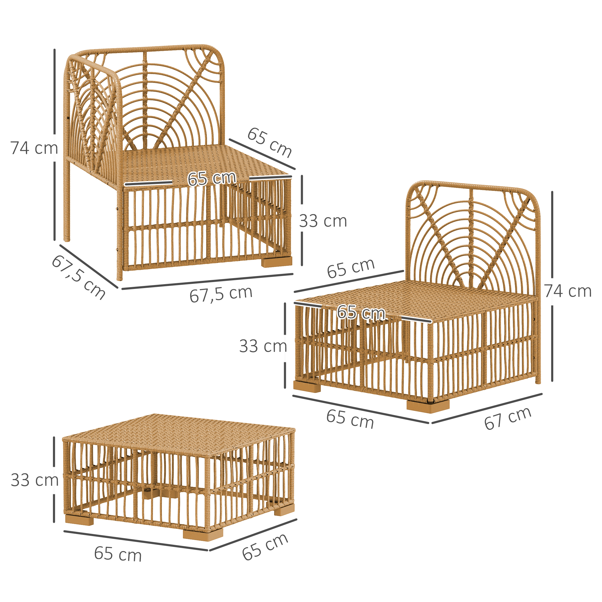 Outsunny 5-delige Tuinmeubelset, 2 Hoekstoelen, 2 Middelstoelen, Voetenbank, Zitkussens, Rugkussens, Lichtbruin+Cremewit