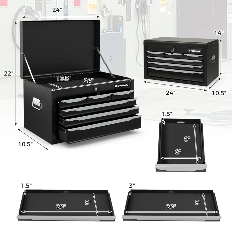Barara King 24 Inch Tool Chest Case with 6 Drawers and Top Storage for Garage Repair Shop & Warehouse-Black