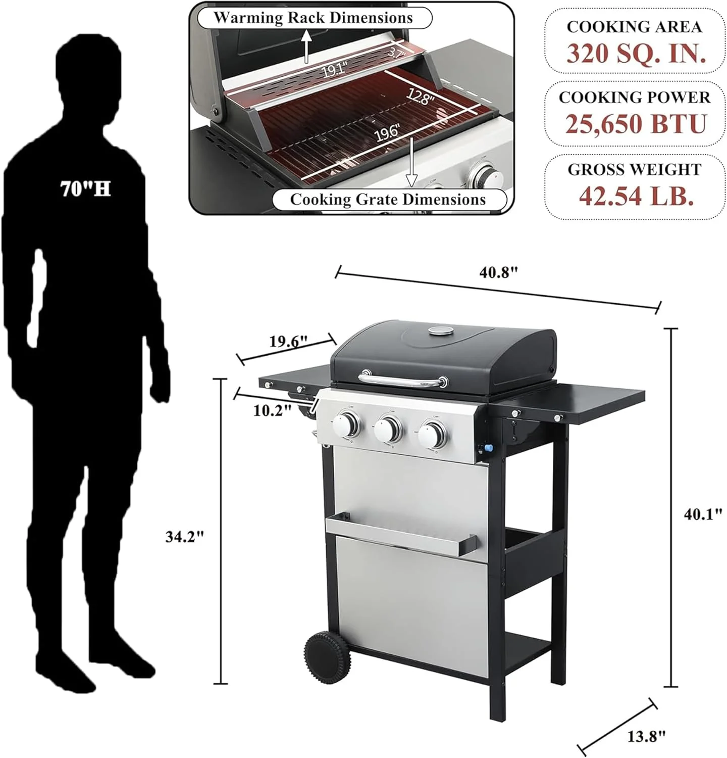 3-Burner Propane Gas BBQ Grill with Thermometer Wire Enamel Cooking Grids, 25,650 BTU Output Stainless Steel Grill with Foldable Side Table for Outdoor Barbecue(25650) - Image 2