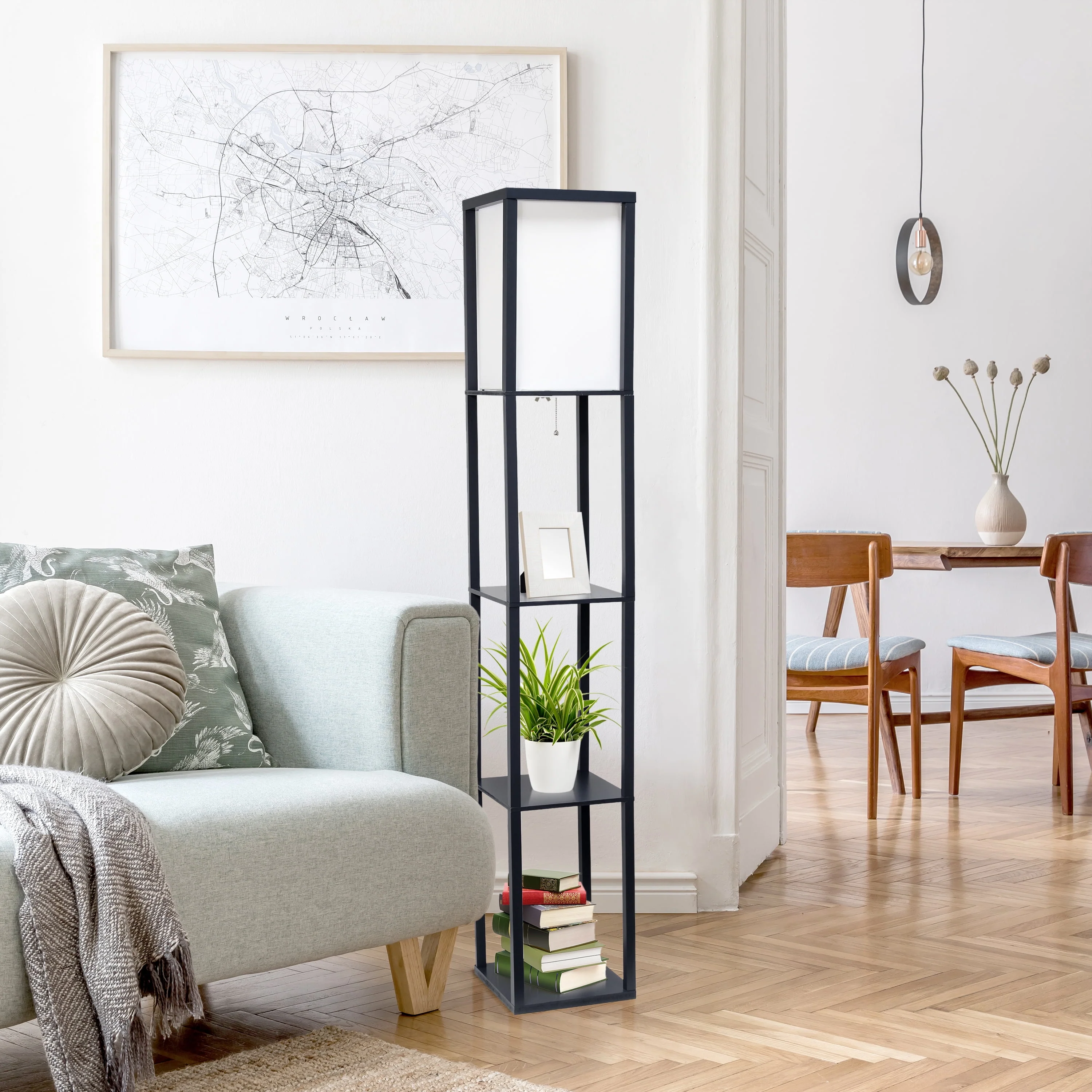 Simple Designs Floor Lamp Etagere Organizer Storage Shelf with Linen Shade, Black Image 6