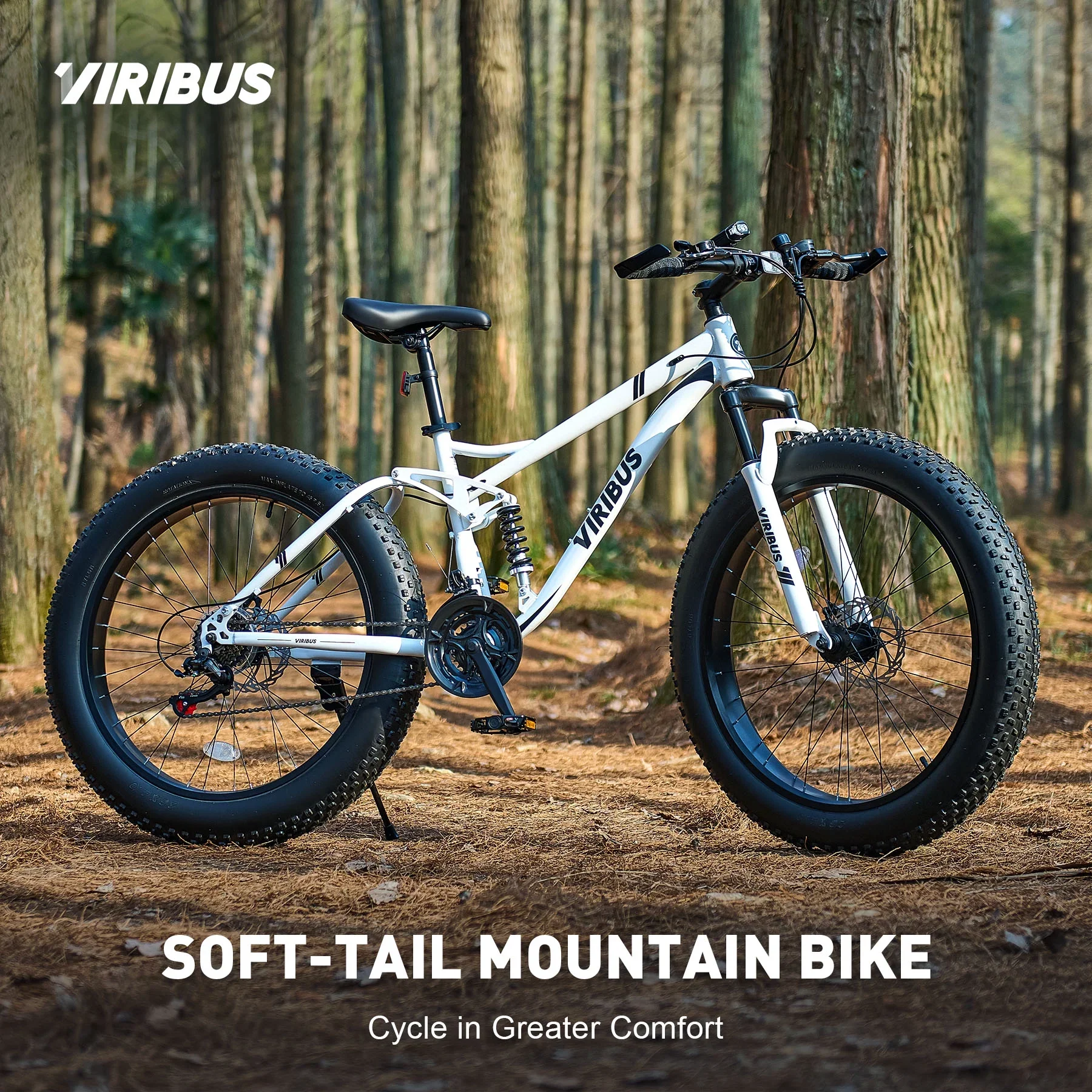 VIRIBUS 26 Fat Tire Mountain Bike Full Suspension Bike with 21 Speeds Disc Brakes White