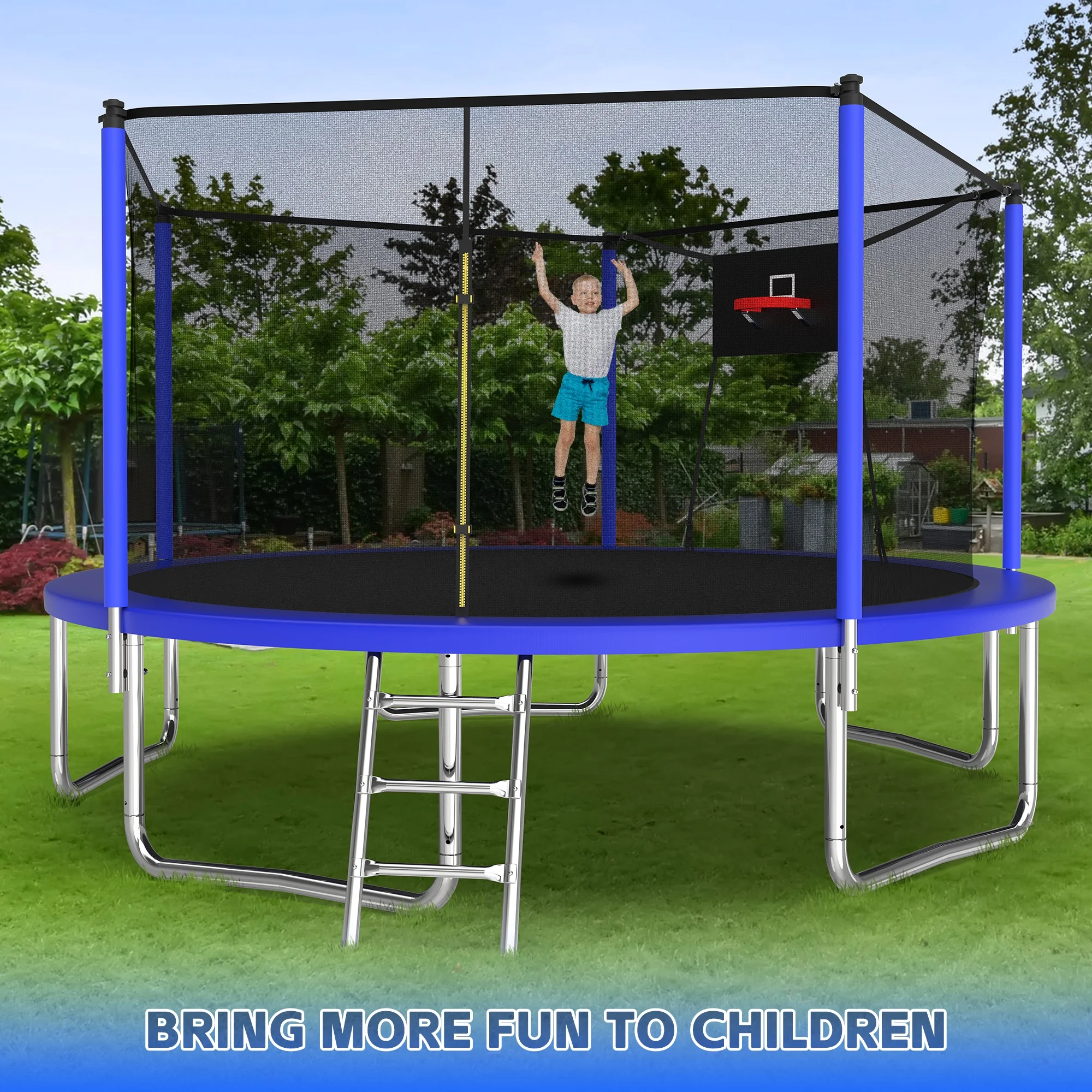 14ft Trampoline with Basketball Hoop,Outdoor Trampoline with with Enclosure Net,Blue(Blue) Image 9