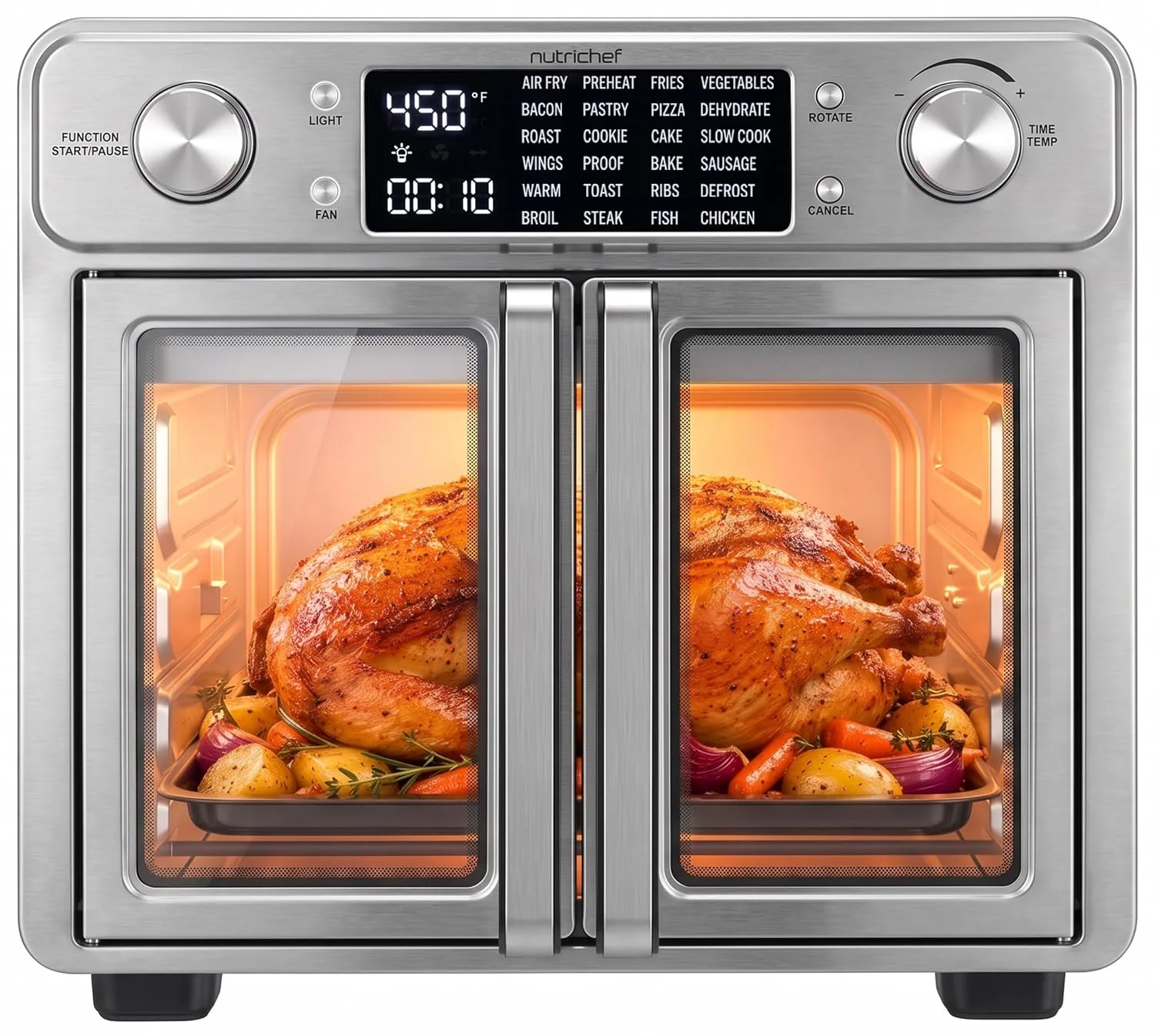 NutriChef 26 Quart Air Fryer Oven | French Door Toaster Oven for Families | Includes 24 Preset Cook Modes, Rotisserie Function, Adjustable Temperature to 450F & 24 Hour Timer | Stainless Steel