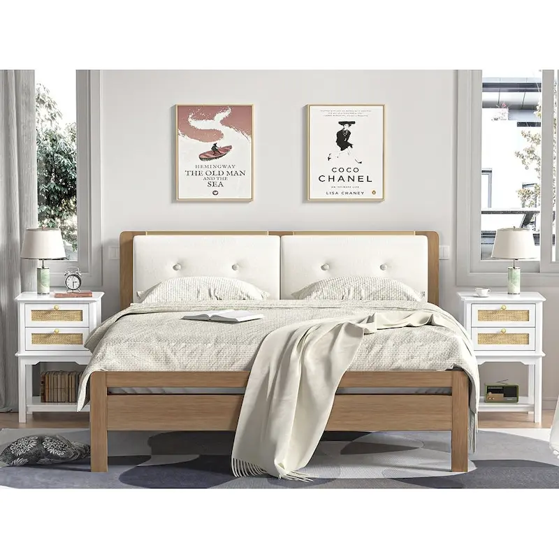 Contemporary 27.95" Tall White 2-Drawer Nightstand with Wood and Rattan, Featuring a Storage Shelf for Bedroom
