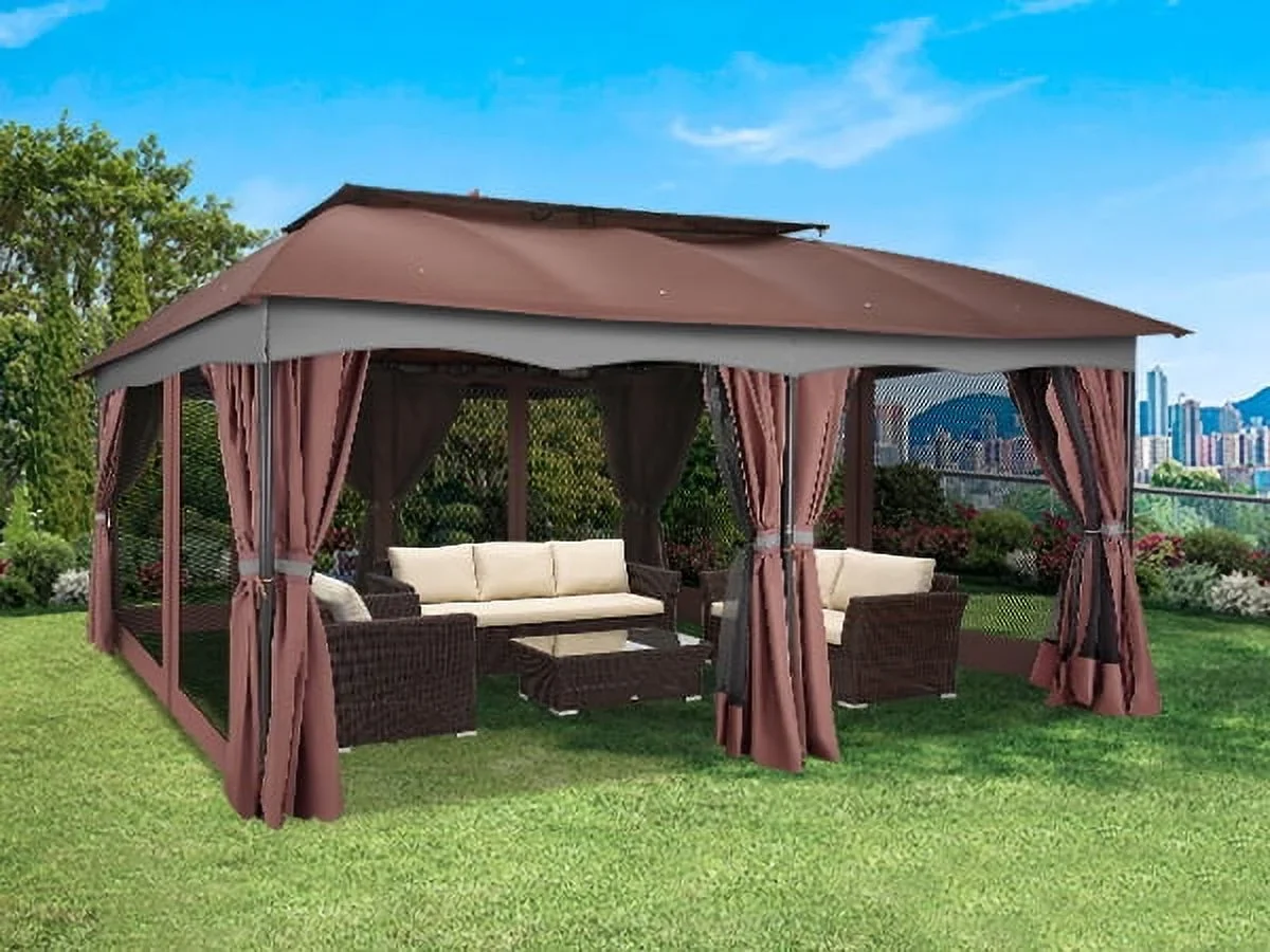 HOTEEL Heavy Duty 12X20 Outdoor Patio Gazebo with Mosquito Netting Curtains,Double-Roof Canopy Tent Gazebo for Parties,Backyards,Gardens,Brown