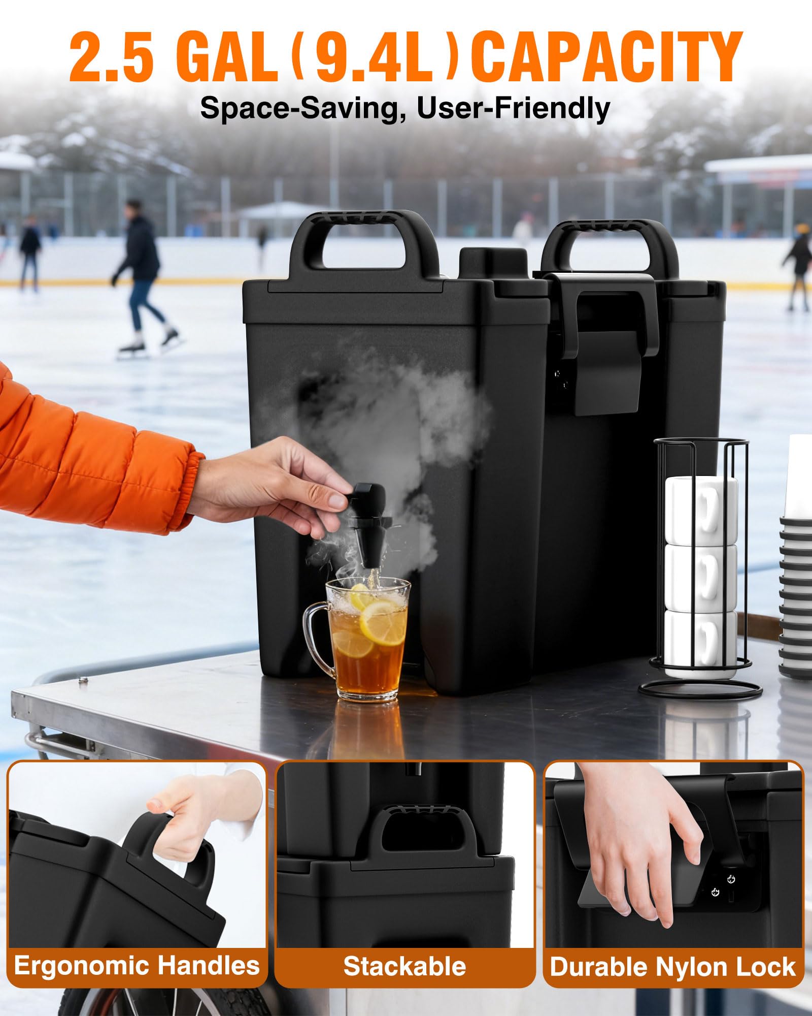 Insulated Beverage Dispenser 2.5 Gallon - Hot and Cold Drink Water Pitcher Coffee Carafe with Spigot Handle and Stand, Commercial Thermal Urn for Chocolate Cocoa Iced Juice Tea Punch Outdoor Party