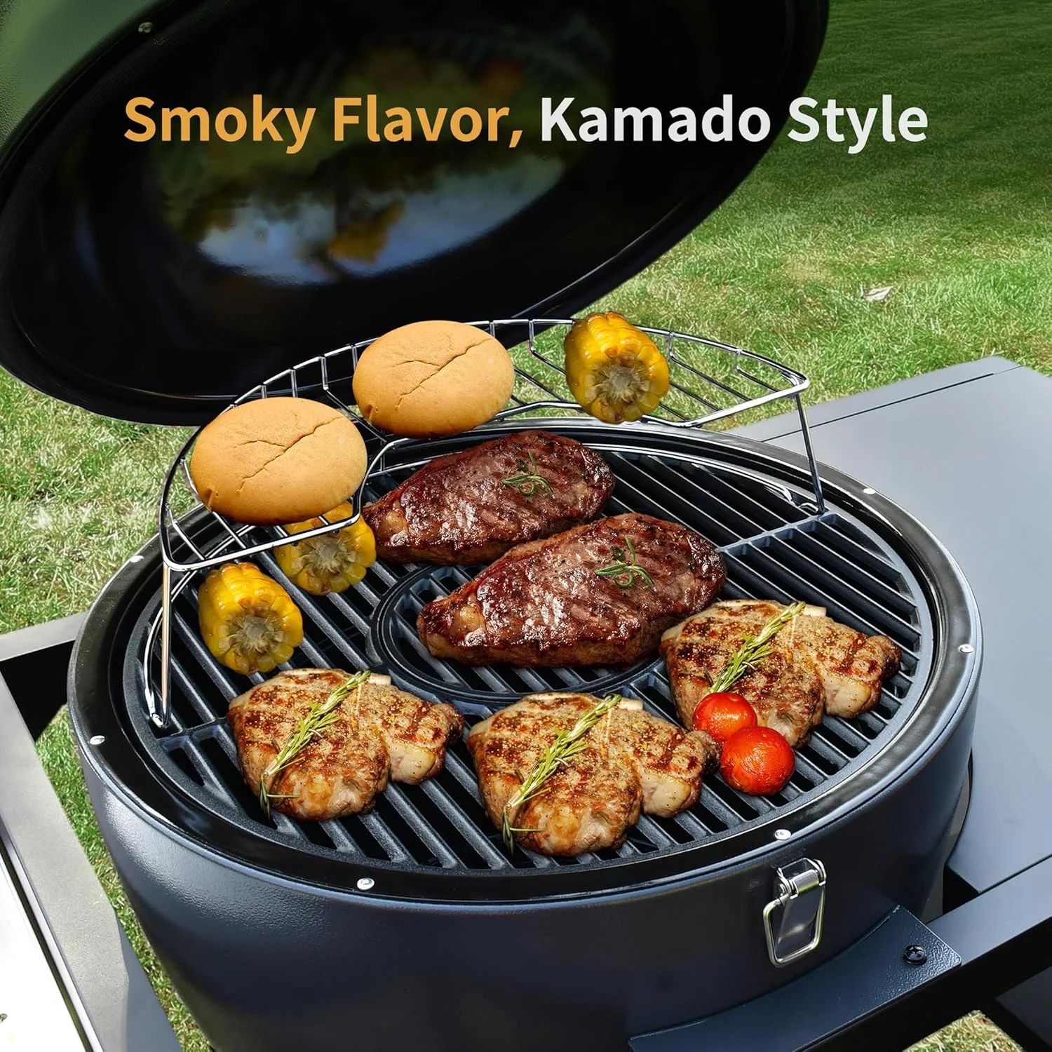 Brand - Man RODEO Steel Kamado Charcoal Grill & Smoker, Cabinet Style Egg Grill with 22" Cast Iron Grates, Grilling Basket, Large Prep Table Cart