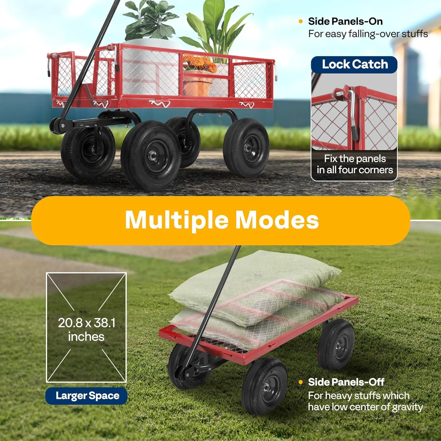 Mesh Steel Garden Cart 880 lbs Capacity, 38" x 21" Folding Utility Wagon with 10 Inch Wheels(Red) - Image 9