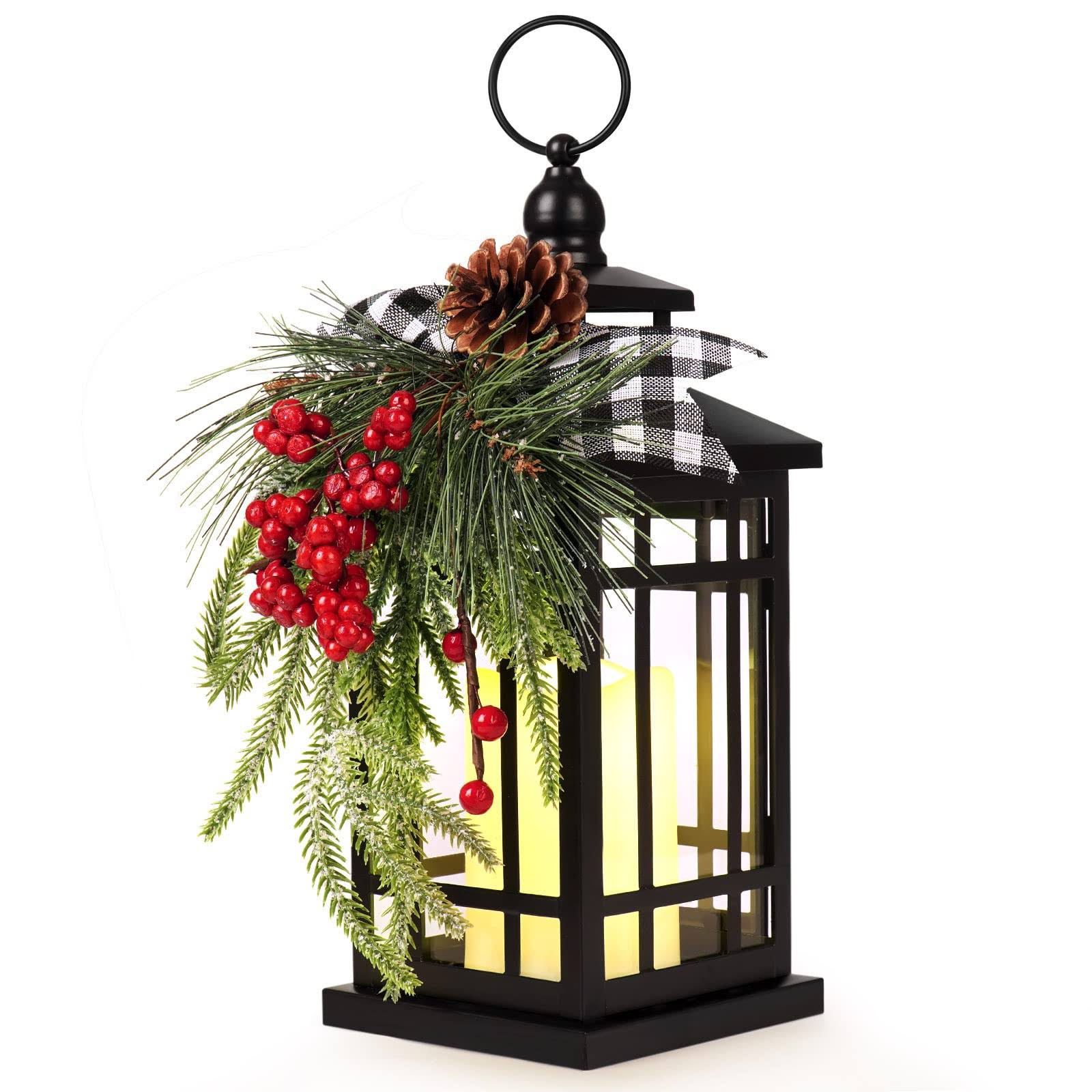 Metal Christmas Vintage Candle Lanterns with LED Light,Plaid Ribbon Decorative Hanging Lantern for Indoor Outdoor Decorations Party Gift,WOKEISE