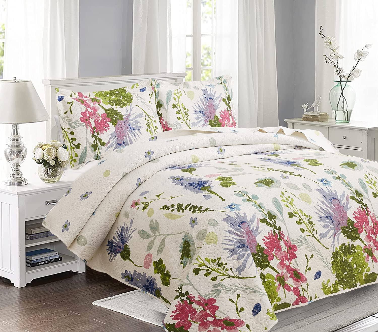Jarson Floral Quilts Set Full/Queen size, 3pcs Lightweight Summer Bedspreads, Country Purple Flowers Bedding, Botanical Plant Reversible Coverlets