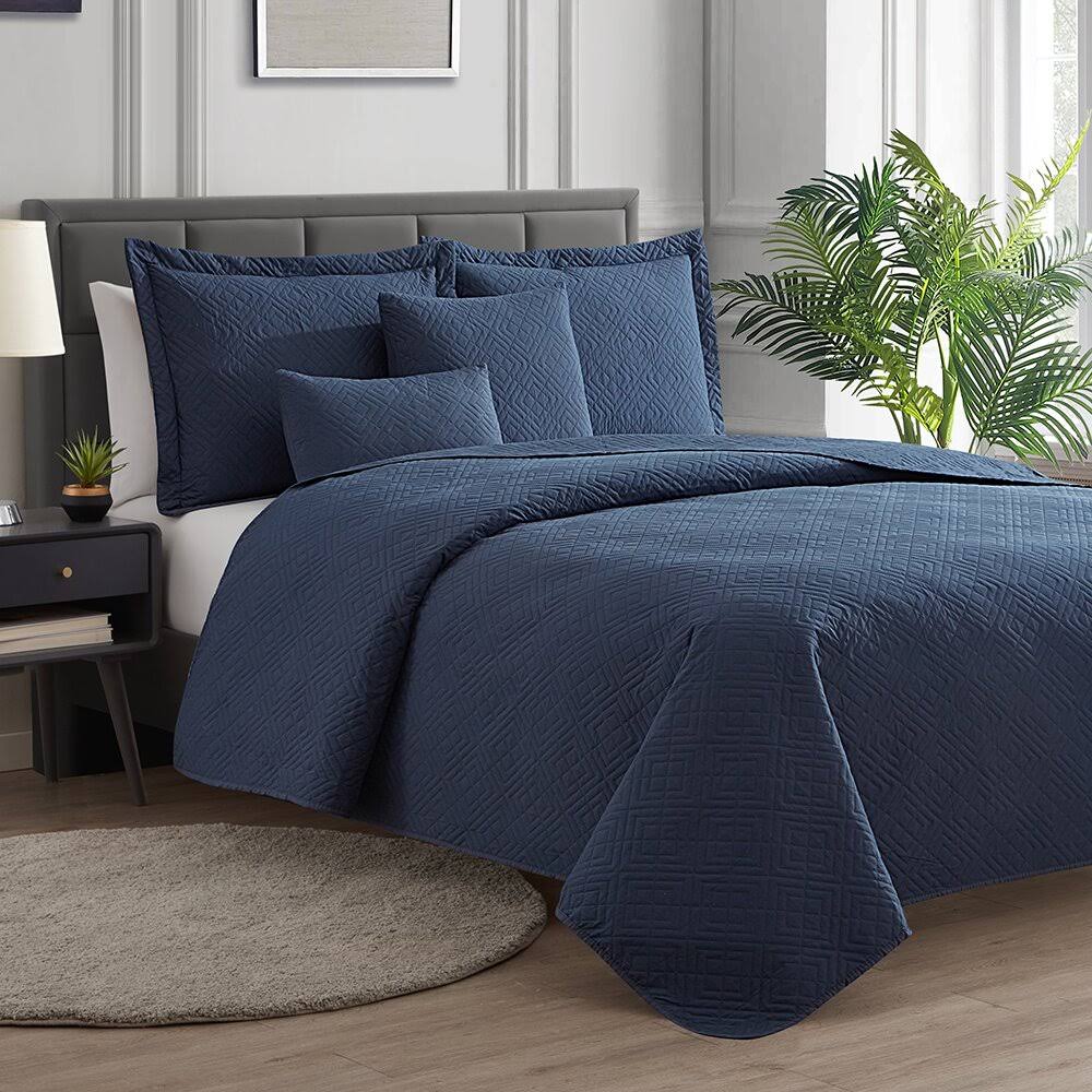 Clara Clark Bedspread Quilt Set - Embossed Pinsonic Lightweight Coverlet Set Twin in Navy