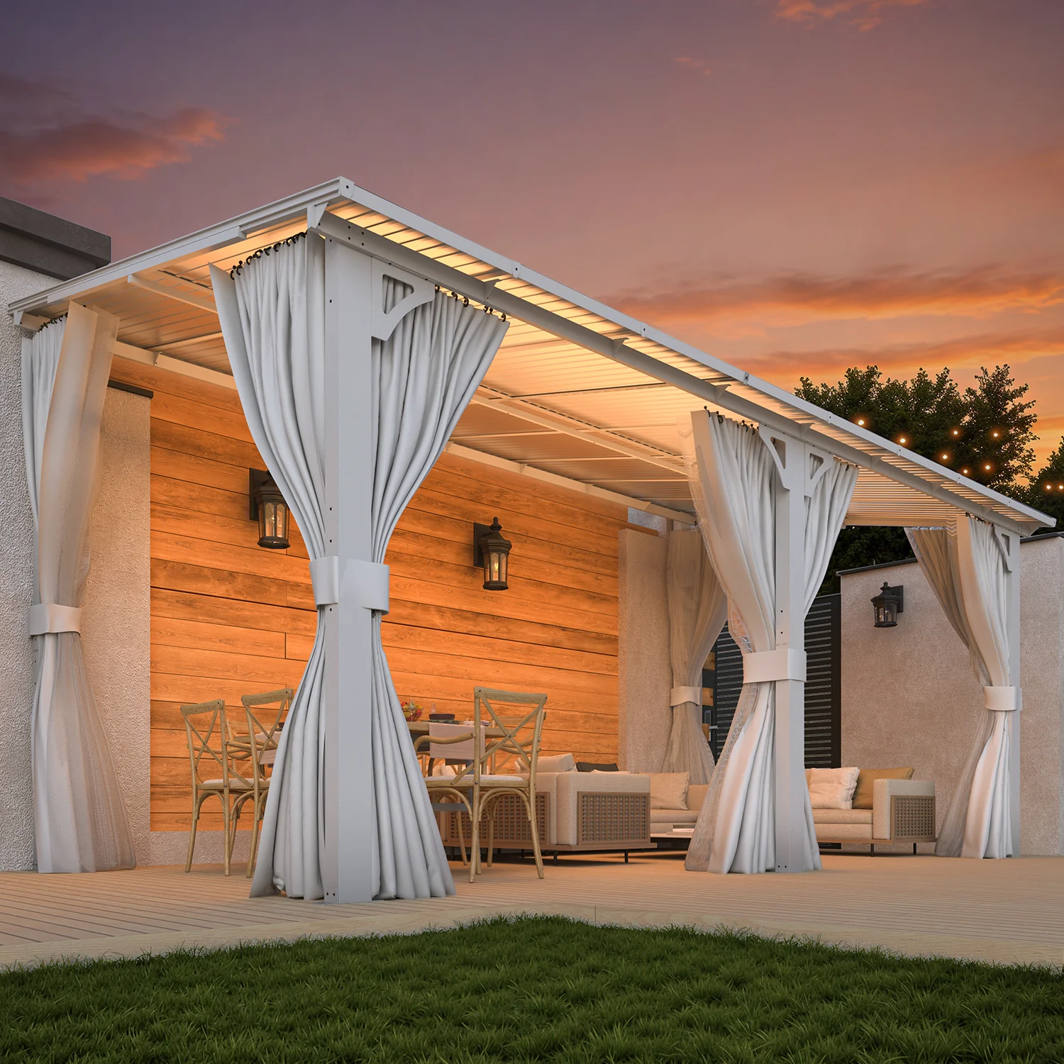 AECOJOY 16'x8' Wall Gazebo with Curtains and Mosquito Netting, White