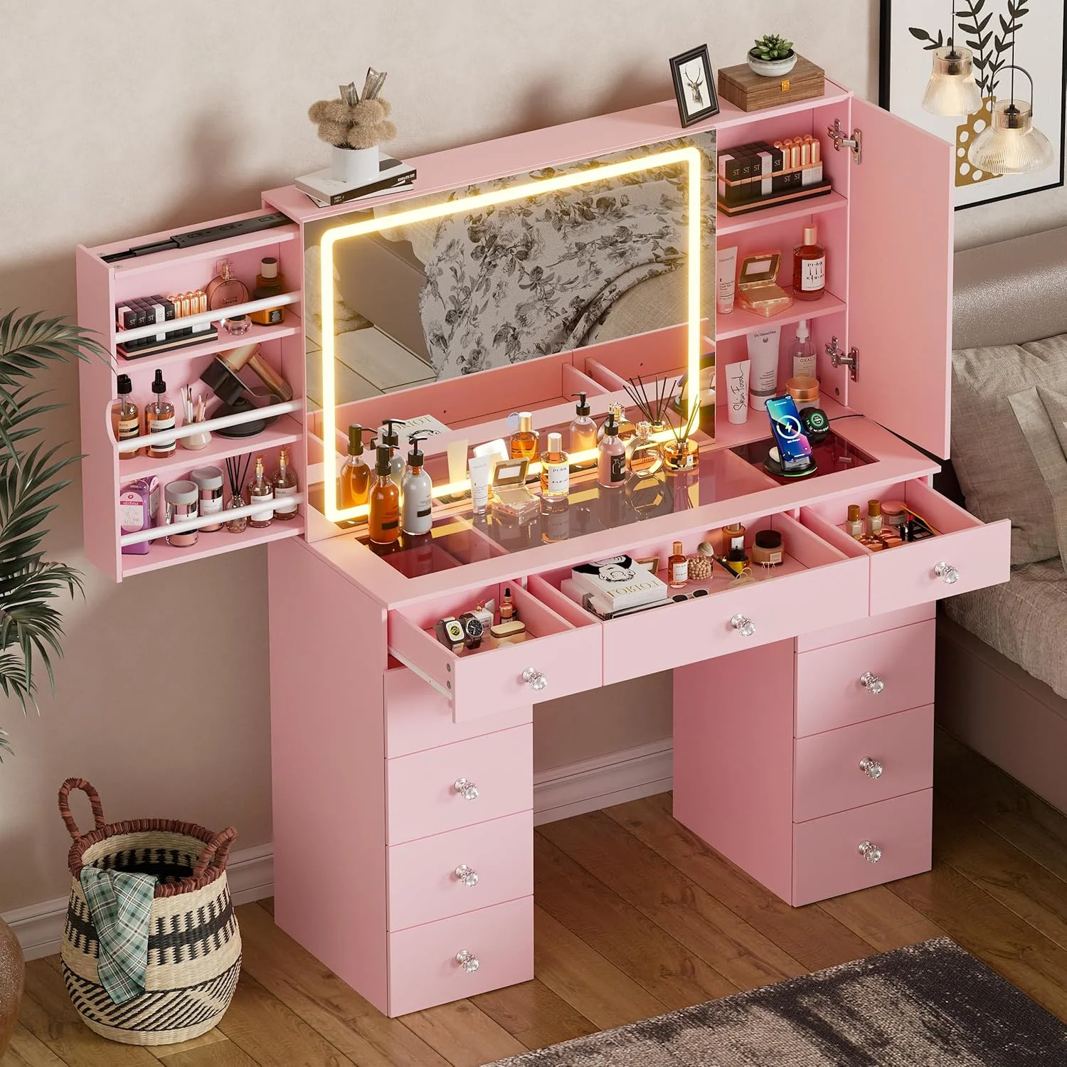 Vanity Set with Lighted Mirror, Large Vanity Desk with Charging Station, Makeup Vanity Table with 11 Drawers Hidden Sliding Storage Cabinet Visible Glass Tabletop for Bedroom (White)(Pink) - Image 5