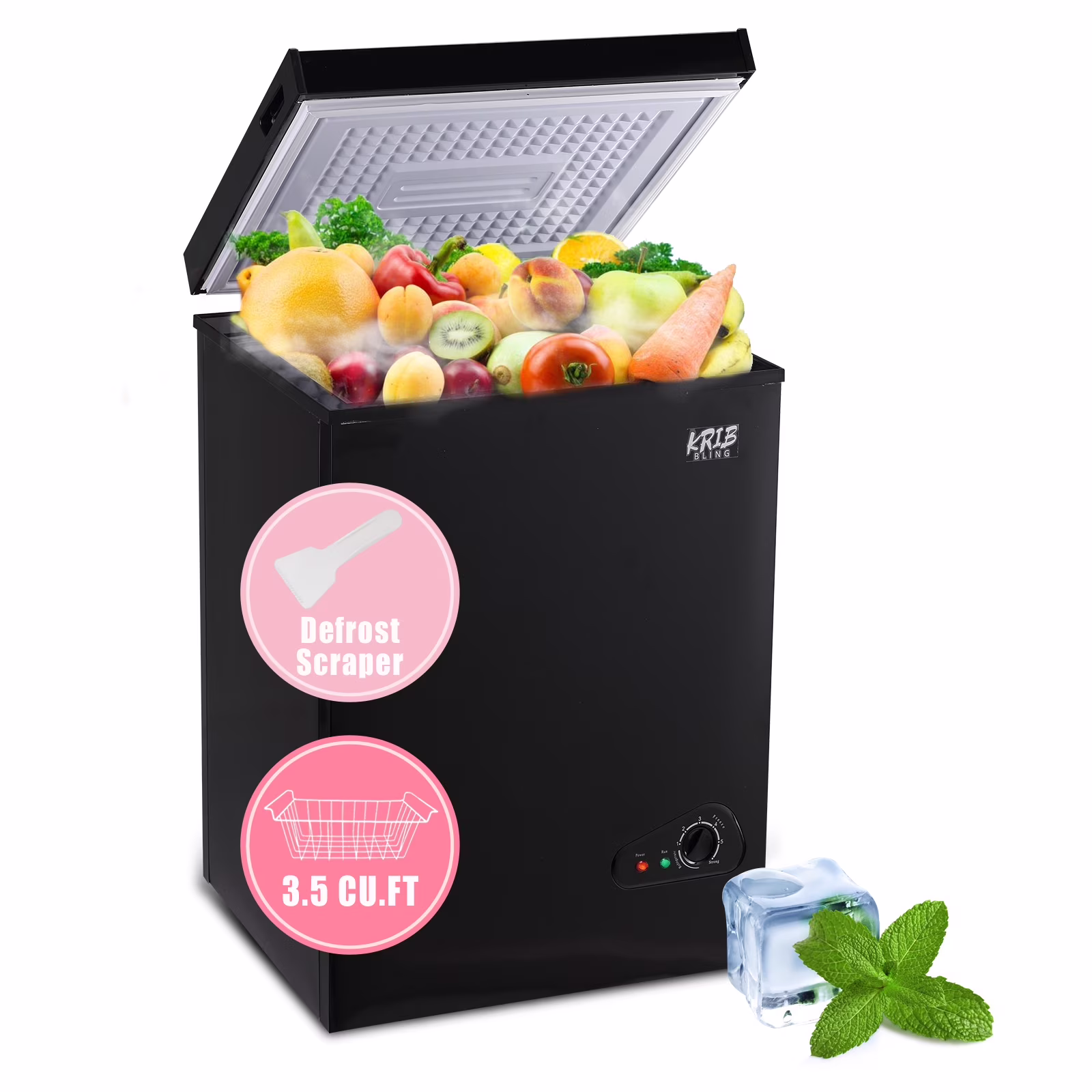 Krib B Deep Freezer 3.5 Cu.ft, Chest Freezer with 3 Grade Temperature ( - 4F to 6.8F), Removable Basket, for Dorm, Apartment, Kitchen, Black