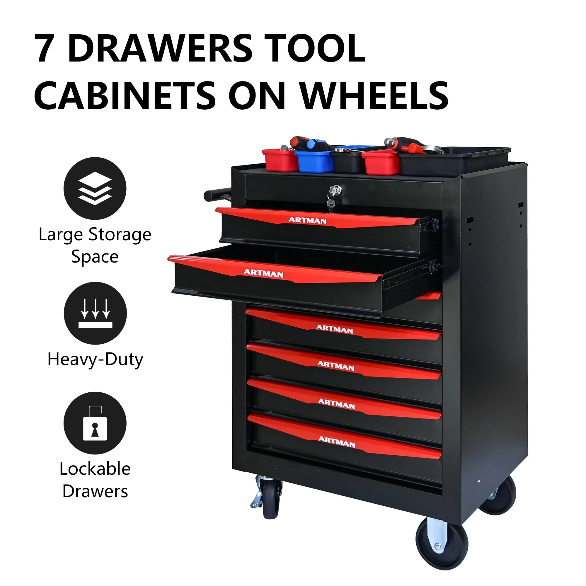 Witaxima 20 7-Drawer Rolling Metal Tool Chest, Black & Red