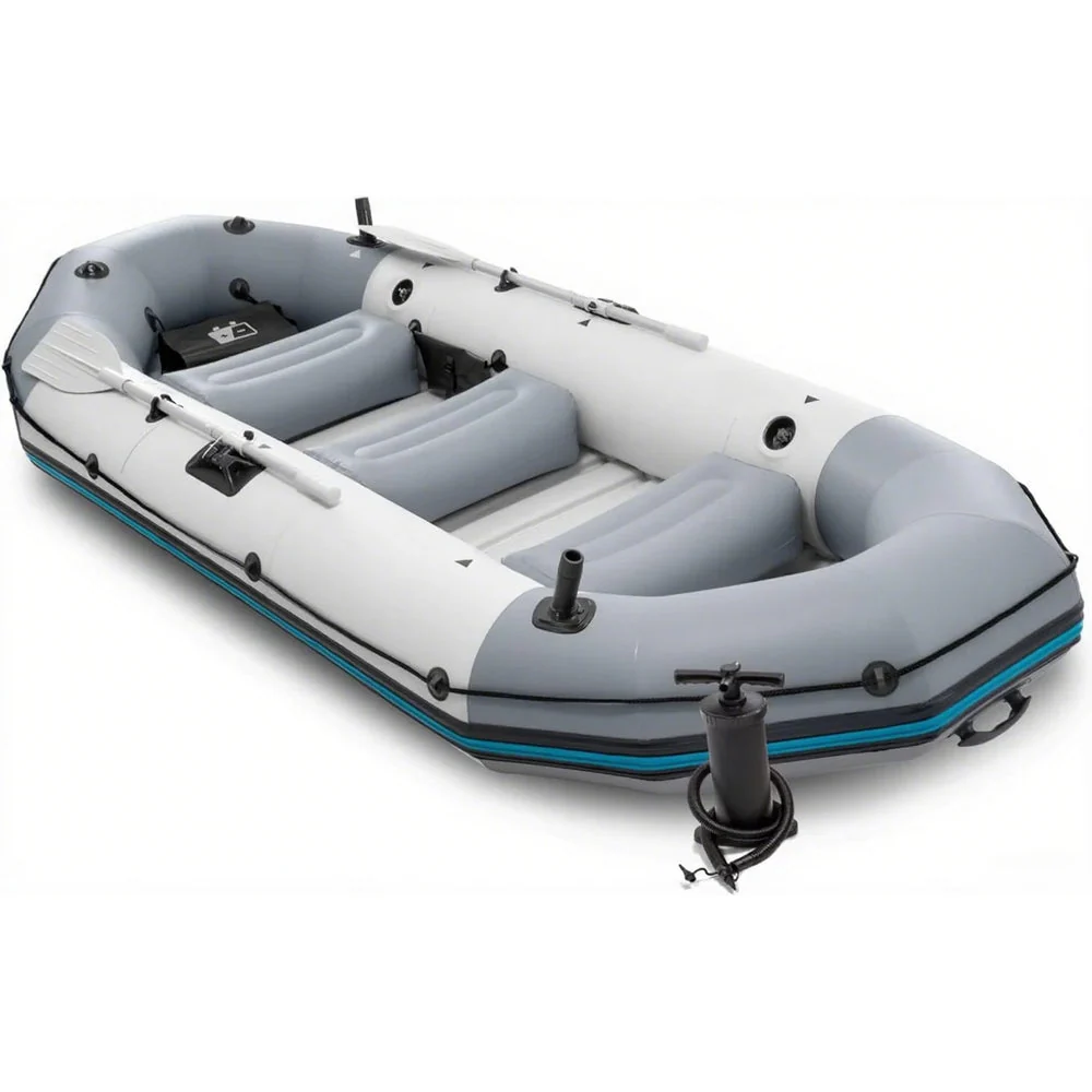Inflatable Boat Set: Includes Deluxe 54IN Boat Oars and High-output Pump Wear-resistant Keel Removable Fishing Rod Holders 4-PERSON 1100LB…
